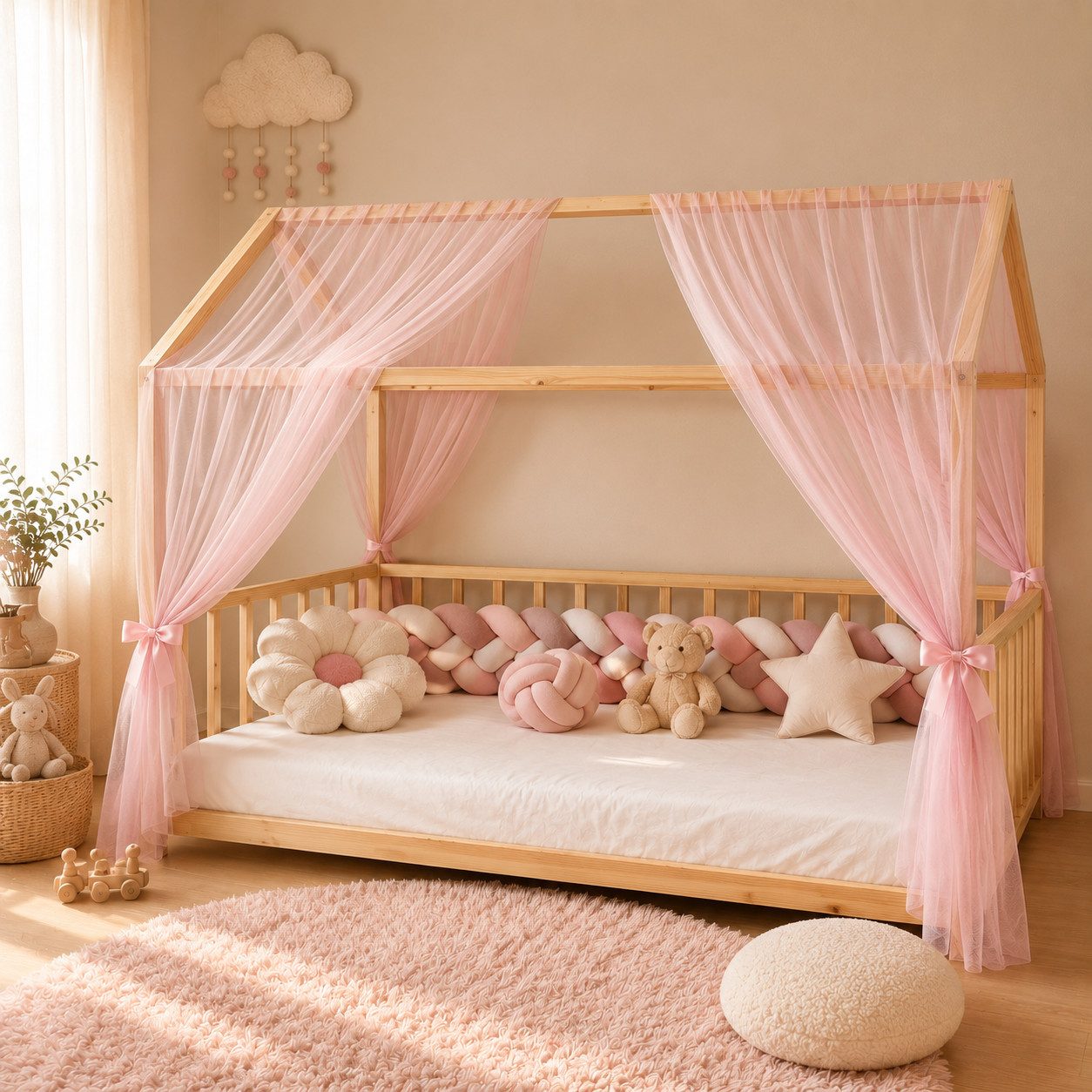 Baby Fancyroom Betthimmel Hausbett Himmel Premium Tüll, Baldachin für Kinderbett Mädchenzimmer, 2-teilig, mit 4 Schleifen, Premium Tüll