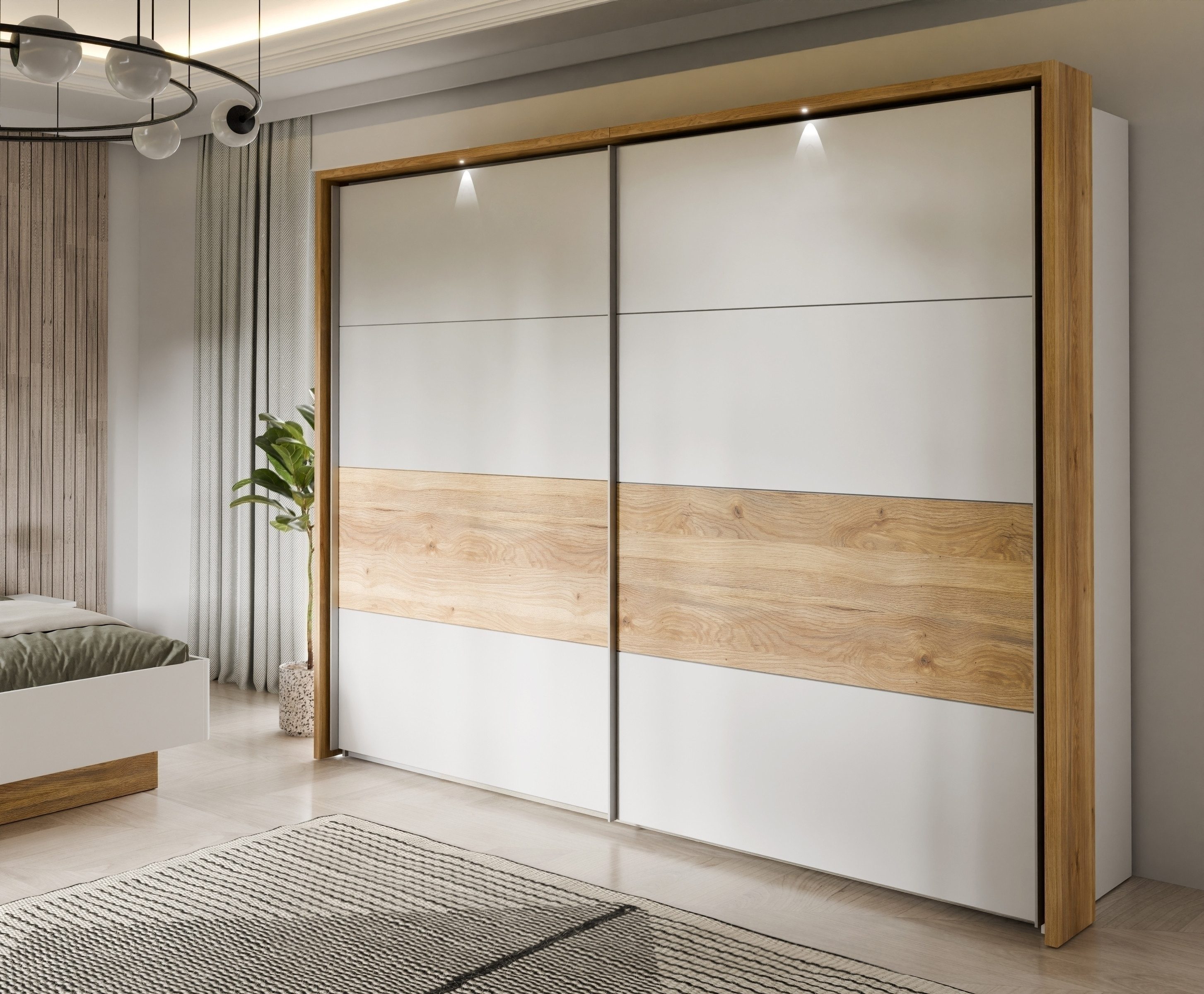 freiraum Schwebetürenschrank MAYACUS in weiss, Mauvella Eiche Dekor, Holzwerkstoff