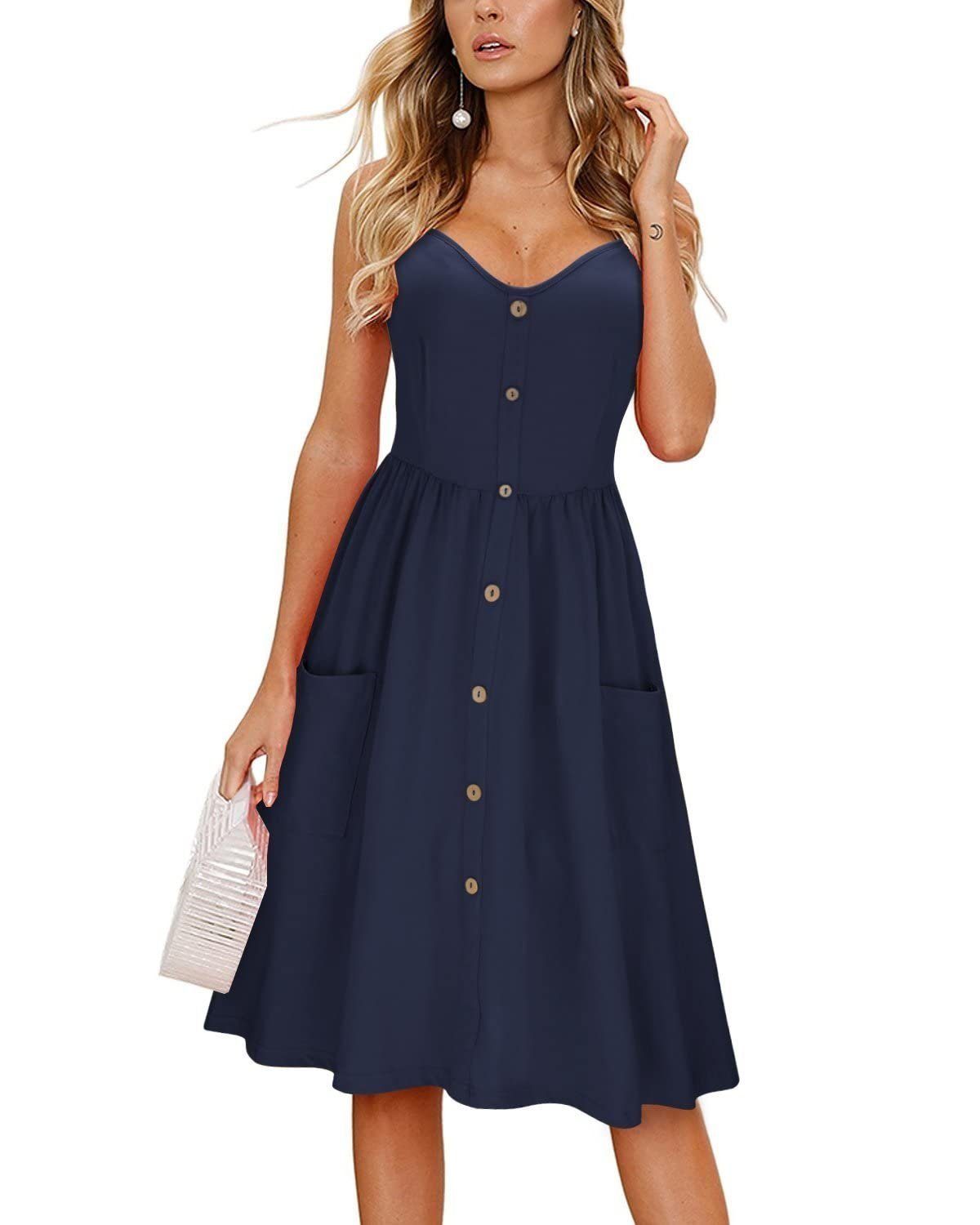 G4Free Sommerkleid »OTGFKI300« Sommer-Trägerkleid für Damen,  Spaghettiträger-Knöpfe Kleid mit Taschen online kaufen | OTTO