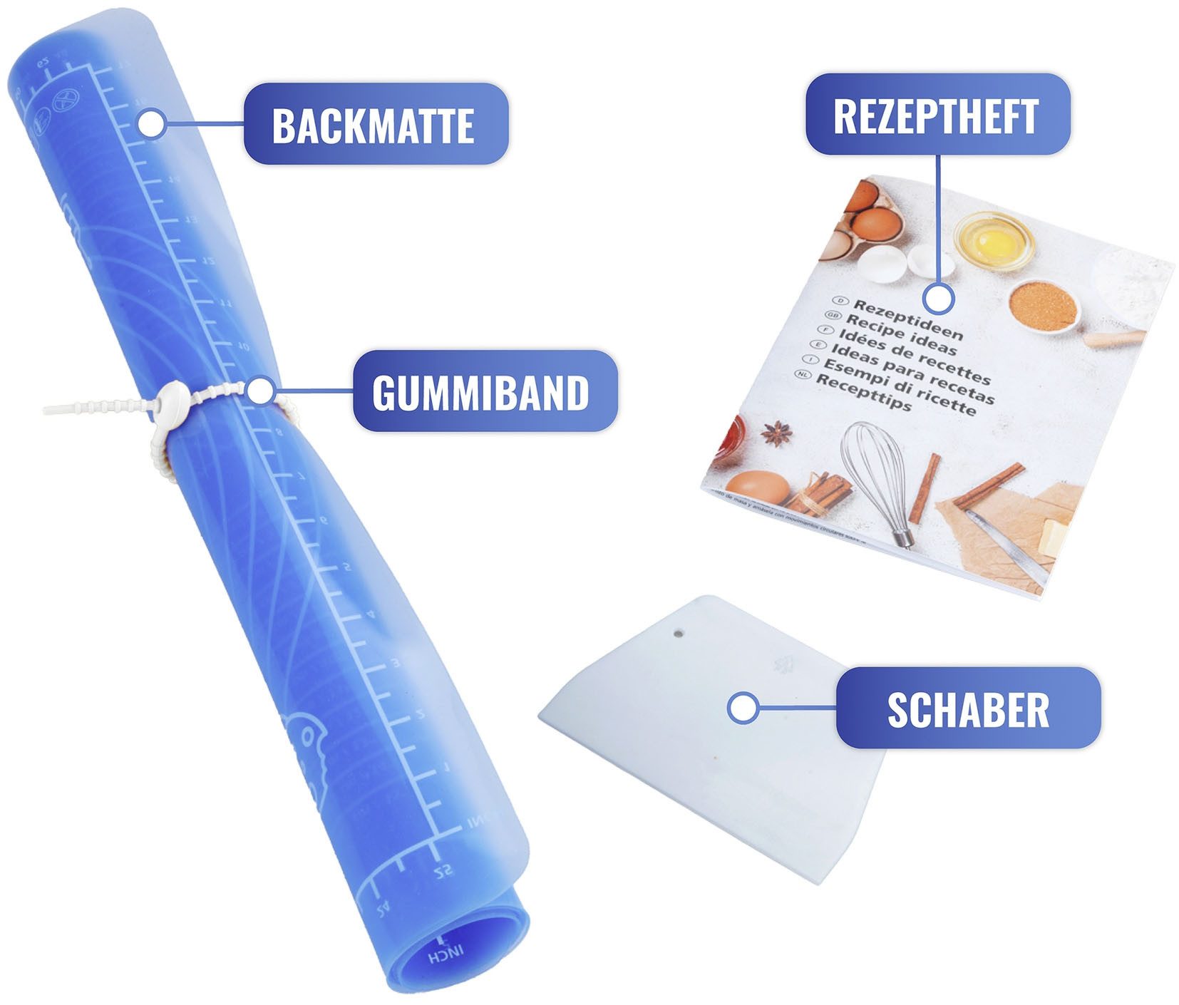 Maximex Backmatte Antihaft, Kunststoff, Papier, Silikon (Set, 3-tlg), Teigunterlage aus rutschfestem Silikon, mit Teigschaber und Rezeptheft