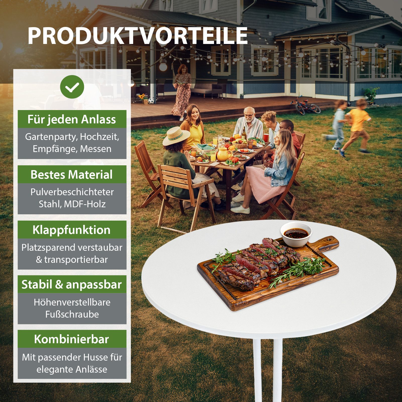 TRUTZHOLM Stehtisch klappbar Ø 80 cm Höhe 110 cm Stahl MDF-Holz Bistrotisch in Weiß (1er)