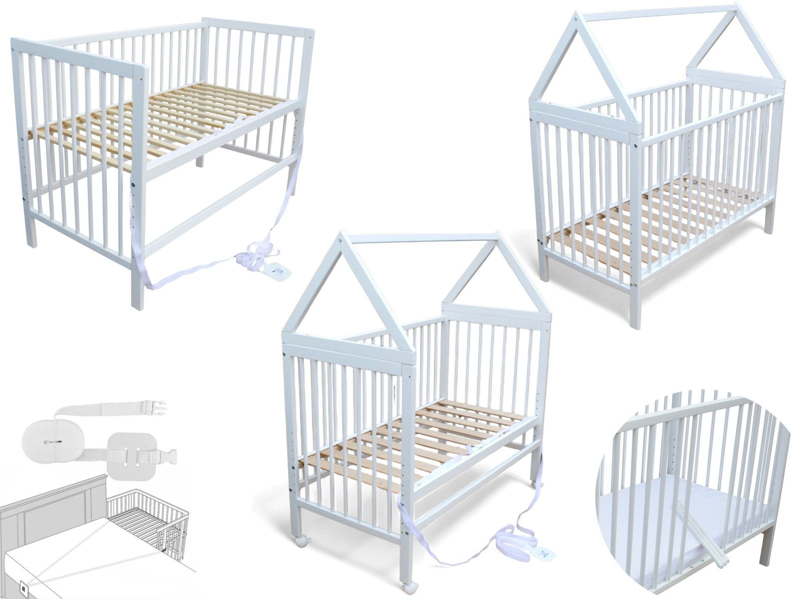 Kinderbett Kinderbett Beistellbett Babybett Haus 120x60 cm mit Gurt und Räder