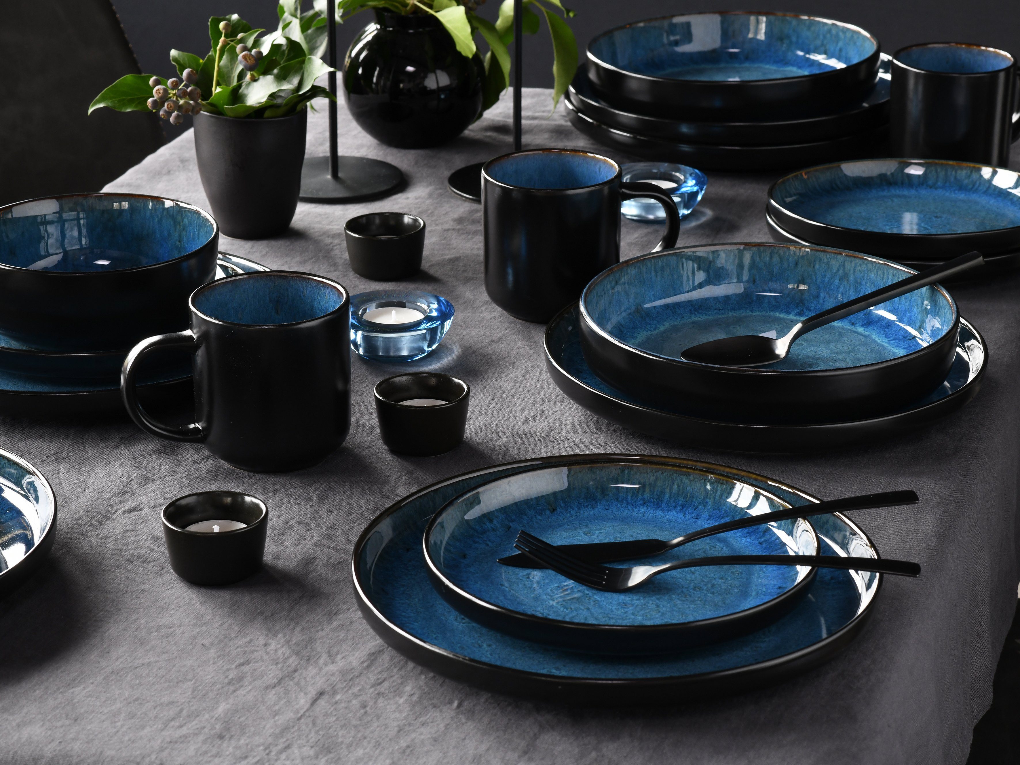CreaTable Kombiservice Nordic Fjord (30-tlg), 6 Personen, Steinzeug, je 6 Speiseteller, Suppenteller, Dessertteller, Schalen, Kaffeebecher