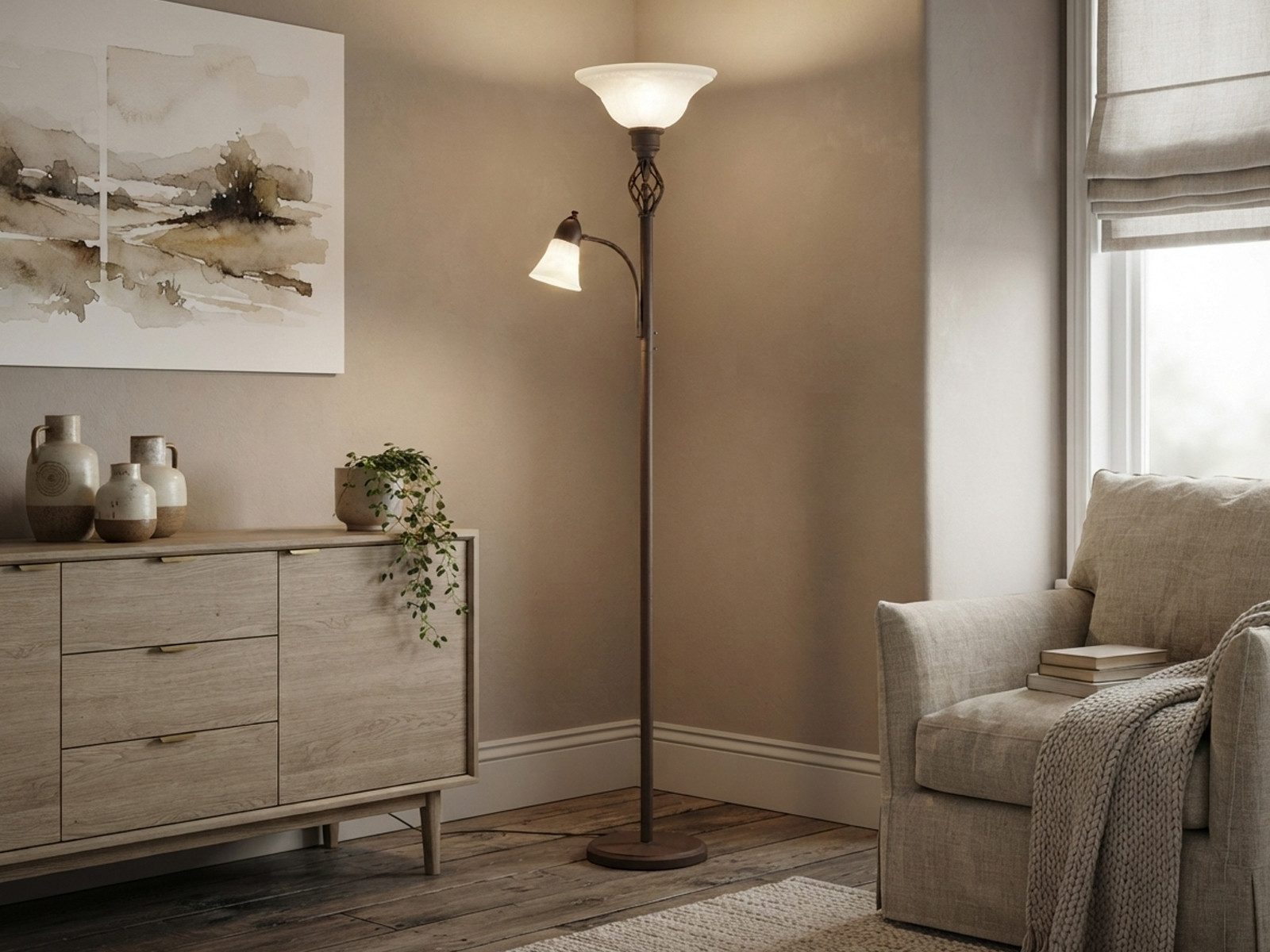 TRIO Leuchten LED Deckenfluter mit Leselampe & Glasschirm, Höhe 180cm, dimmbar, LED wechselbar, Warmweiß, große Stehlampe zum Lesen, Landhausstil Wohnzimmer Lampe stehend
