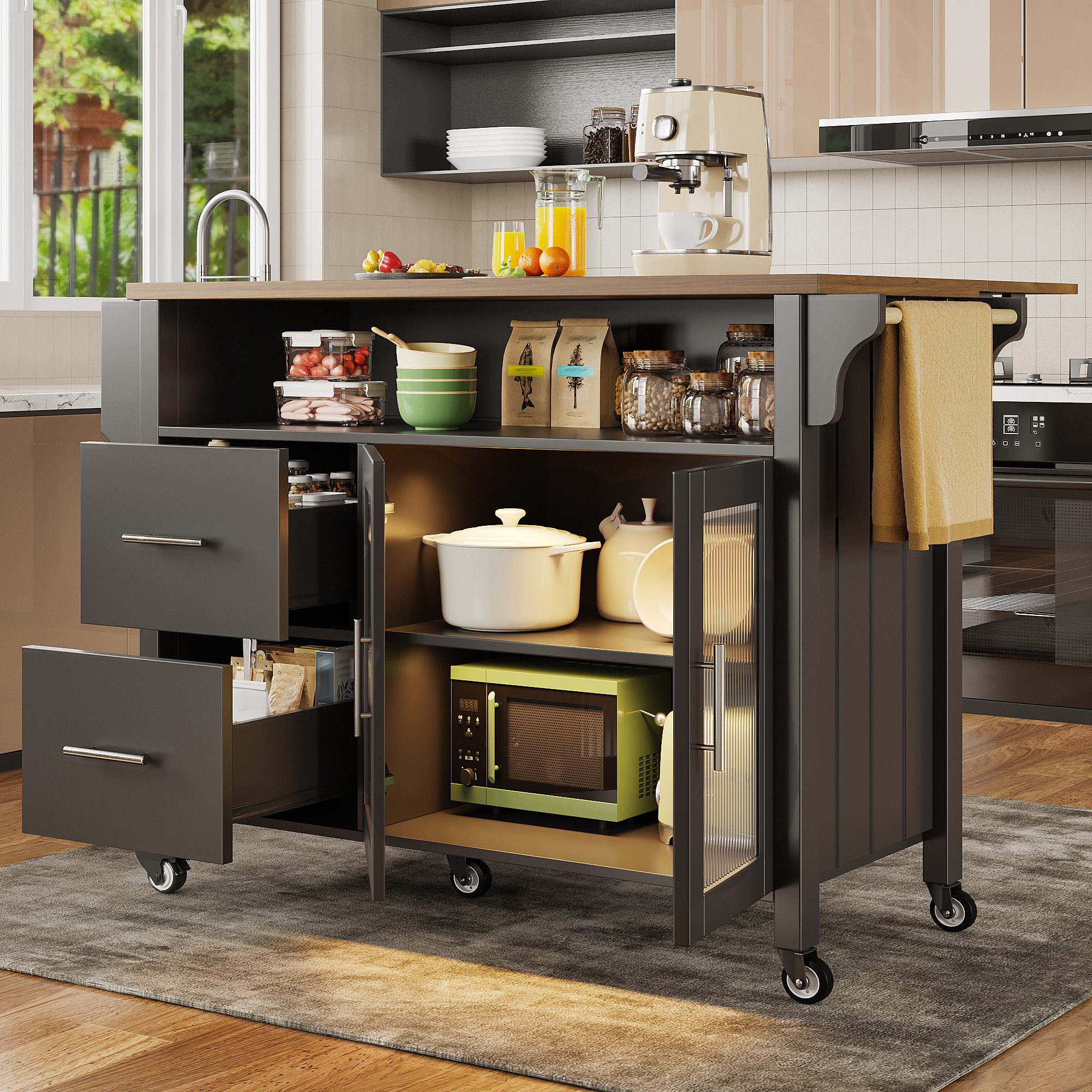 i@home Kücheninsel Küchenwagen auf Rollen, freistehend, (mit ausklappbarer Arbeitsplatte, LED-Beleuchtung, Glastür), Speisewagen 2 Schubladen, Buffetschrank für Küche & Esszimmer