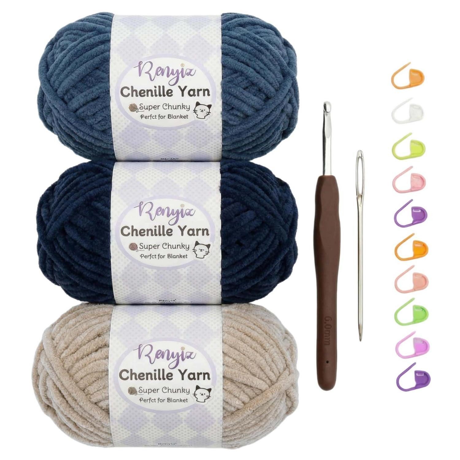 LuxusKollektion Chenille Wolle Häkelgarn 300g Set marineblau Häkelwolle, (1-St)