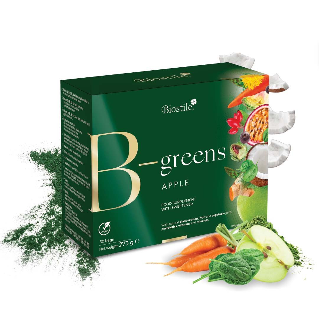 Biostile B-Greens Pulver mit Postbiotika für Verdauung, Energie, Immunsystem - Beutel, 273 g, Mit Spirulina, Chlorella und Artischocke, 30 Beutel