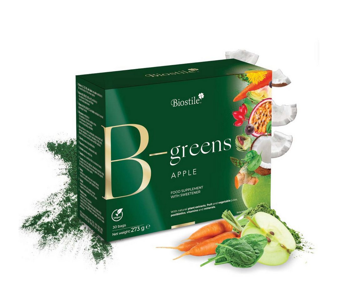 Biostile B-Greens Greens Superfood-Pulver mit Spirulina & Chlorella - Beutel, 273 g, Postbiotika für Verdauung, Energie & Immunsystem, 30 Beutel