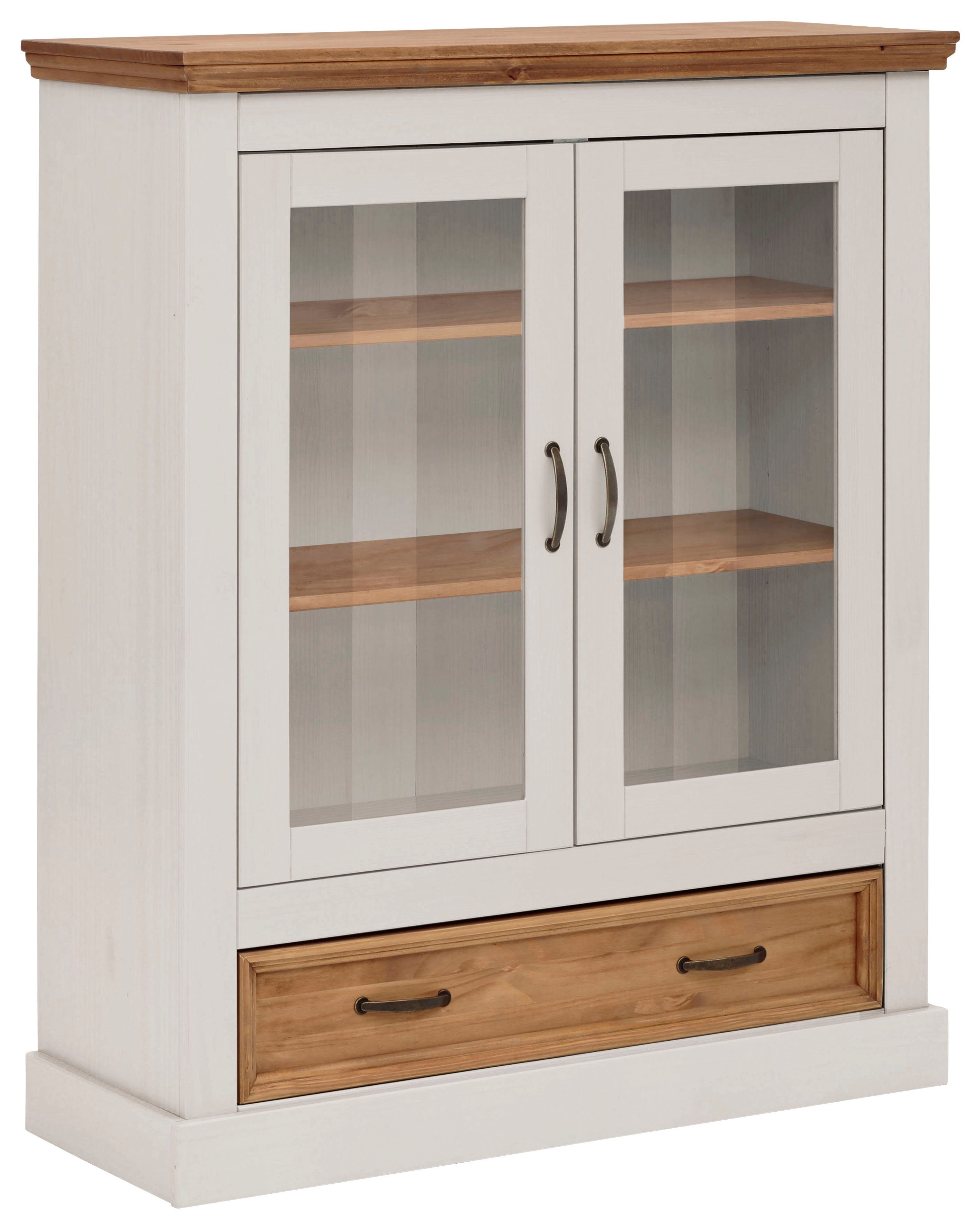 OTTO home Vitrine Selma Highboard aus massivem Kiefernholz, mit Griffen aus antikisiertem Metall