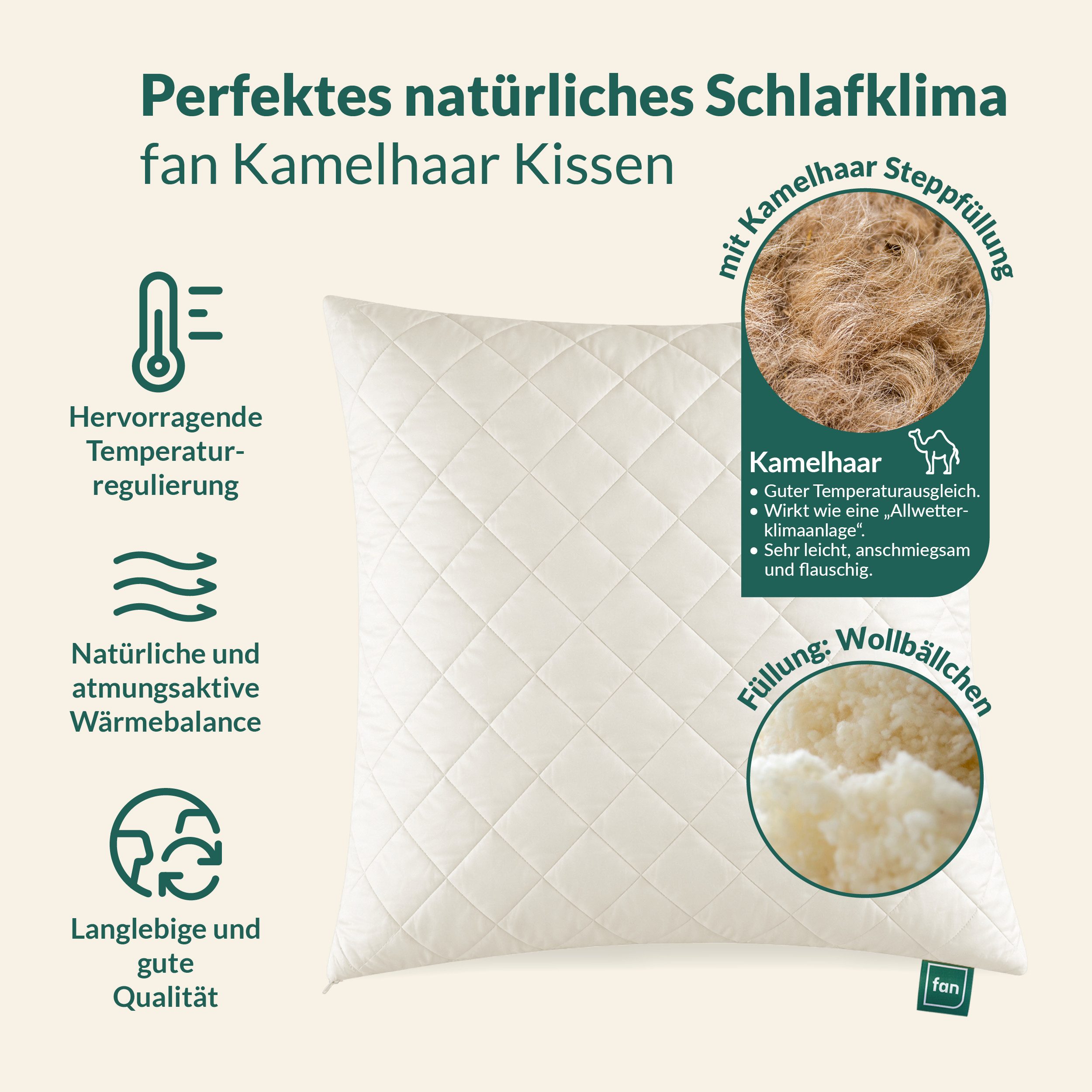 fan Naturfaserkissen Gobi, Kopfkissen in 40x80 & 80x80 cm, Made in Germany, Füllung: 97% Wolle, 3% sonstige Fasern, Bezug: 100% Baumwolle versteppt mit 97% Kame – Bild 2 von 5