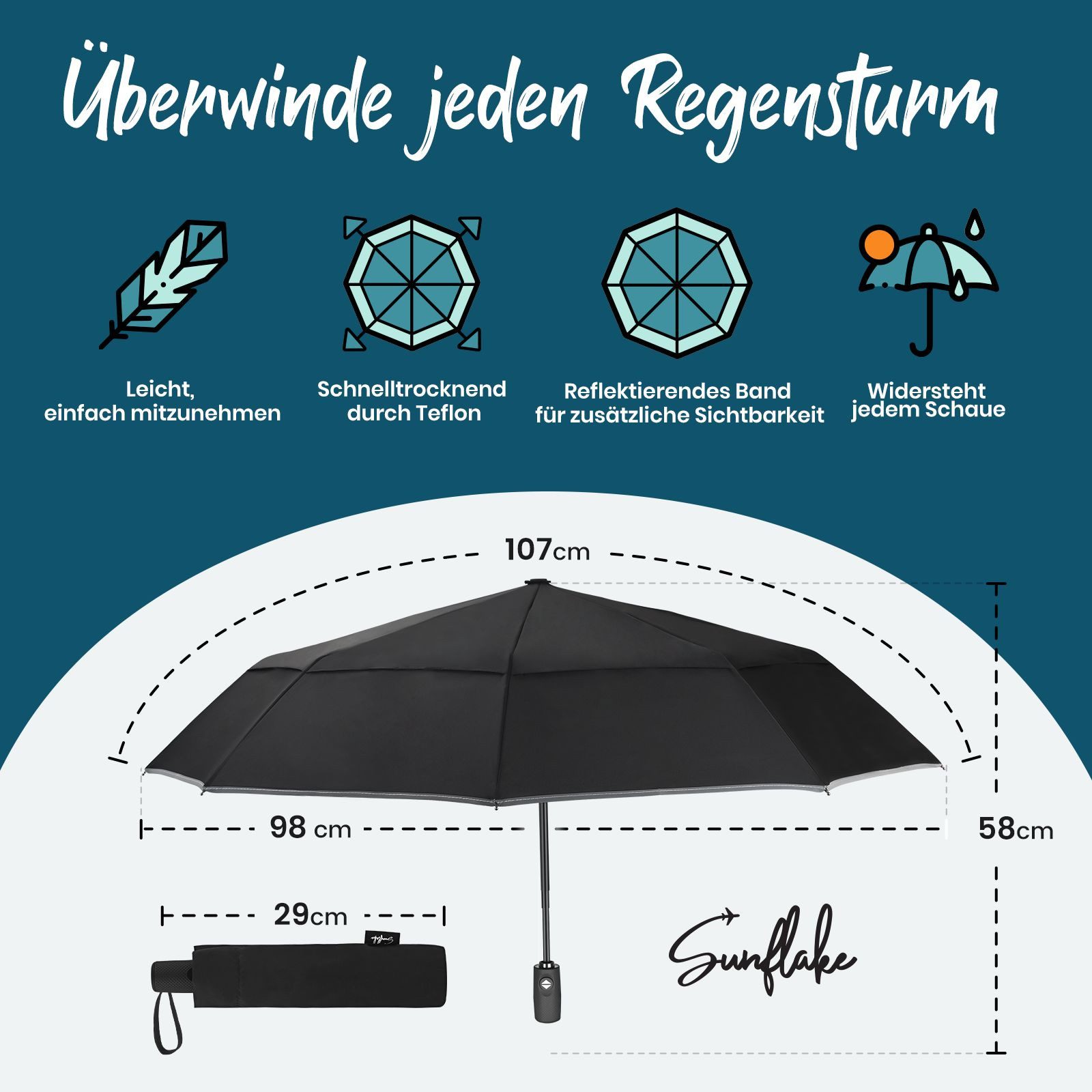 Sunflake Taschenregenschirm Faltbar & Sturmfest - Kompakt mit Doppeltem Dach - Automatik Öffnung