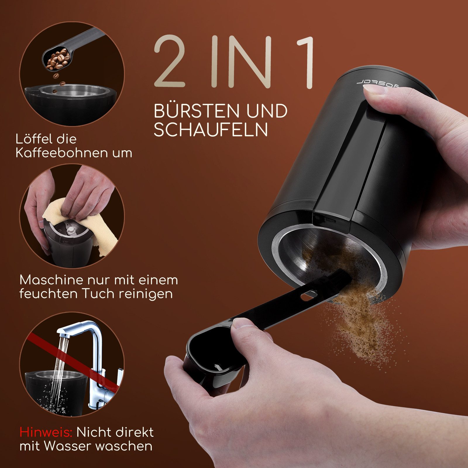Aigostar Kaffeemühle Elektrische Kaffeemühle Mahlgrad Einstellbar BPA Frei Caffe Grinder, 200 W, Edelstahl Schlagmesser, 60 g Bohnenbehälter, Edelstahl Schlagmesser, Edelstahl, Verstellbar, mit Reinigungs-Pinsel