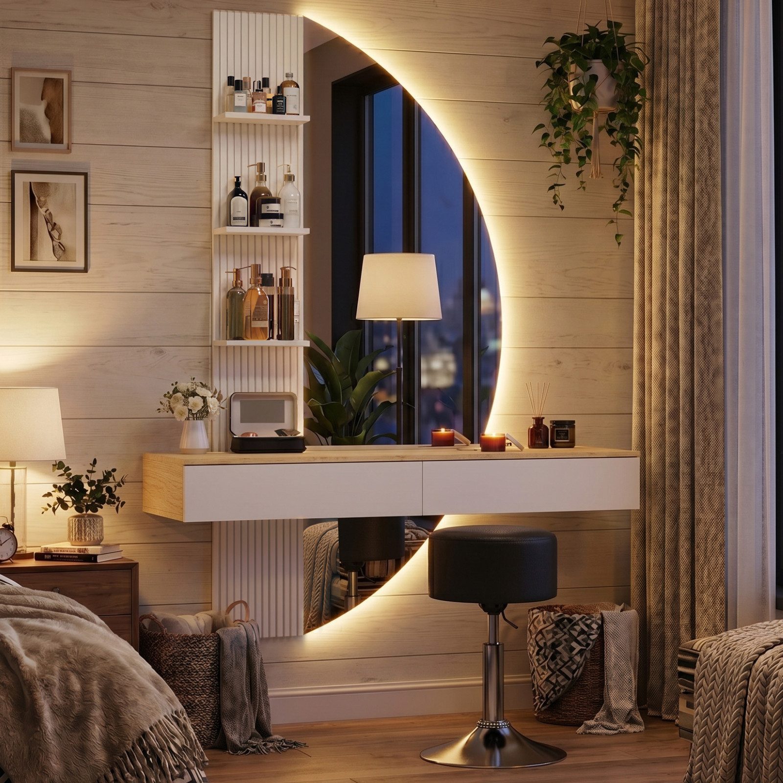 HOMALL Schminktisch Hängender Schminktisch mit LED-Beleuchtung (Maße: 106 × 40 × 143 cm, mit 3 offenen Ablagefächern, 2 Schubladen und drei einstellbaren Farbtemperaturen)