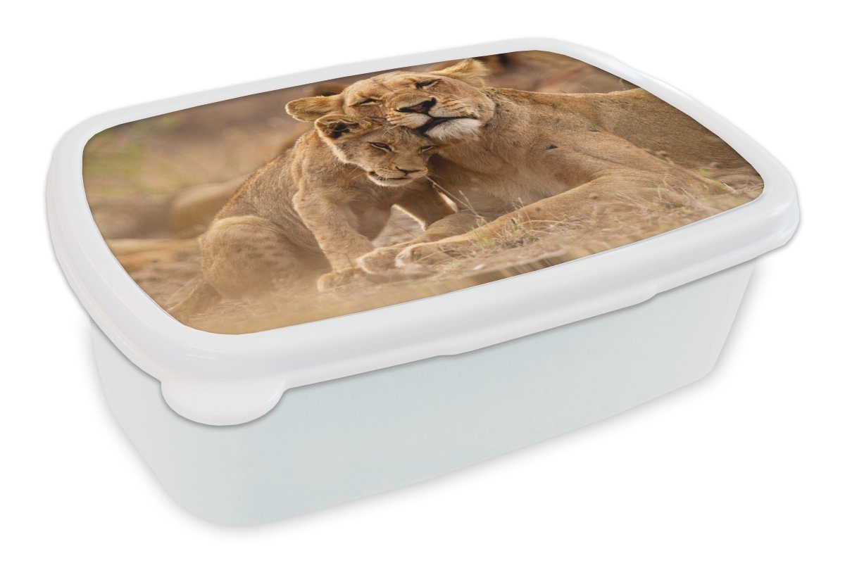 MuchoWow Lunchbox Löwe - Wilde Tiere - Jungtier, Kunststoff, (2-tlg), Brotbox für Kinder und Erwachsene, Brotdose, für Jungs und Mädchen weiß