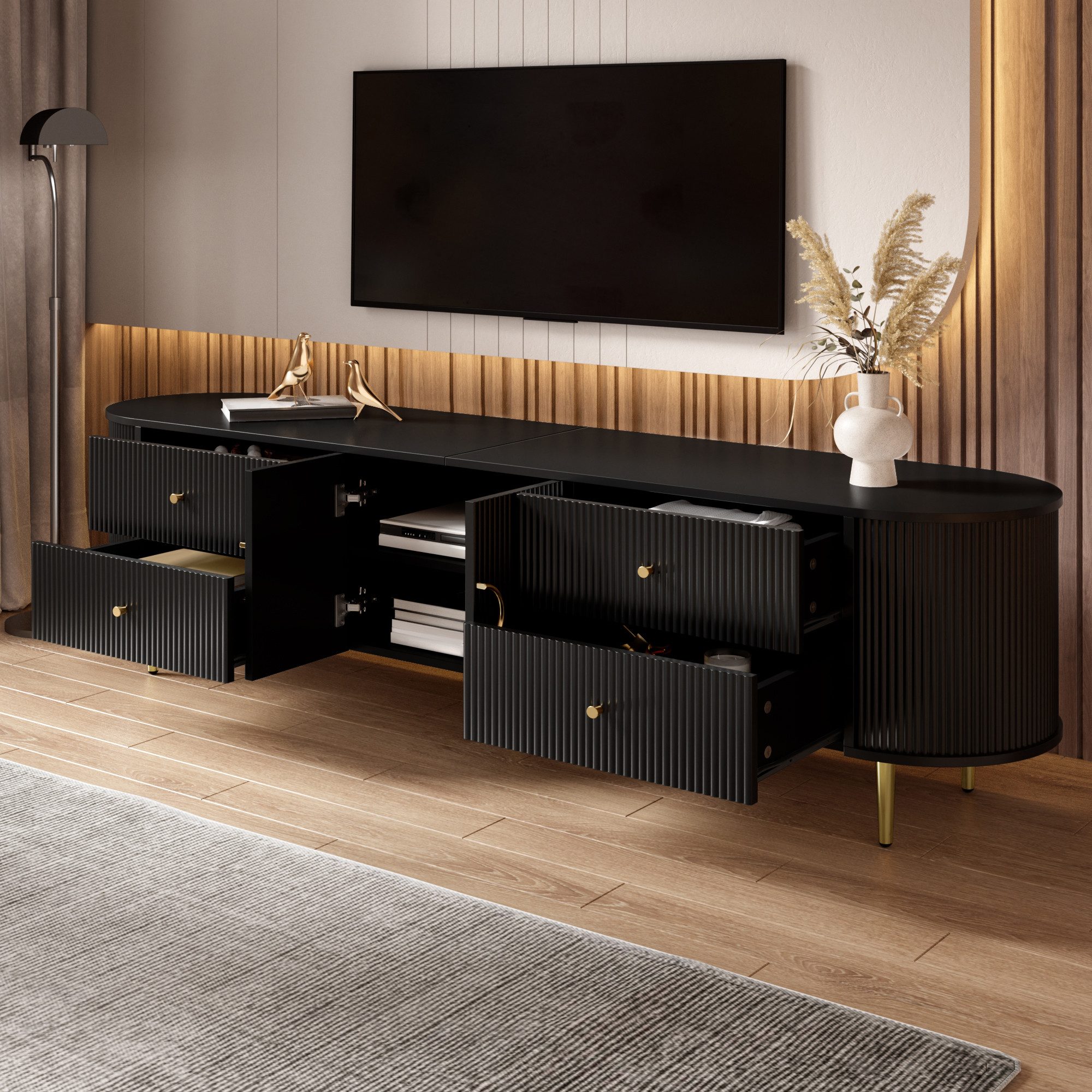 Merax Lowboard mit 3D Wellenfront & abgerundeten Kanten (180 x 40 x 38 cm, 1 St., TV Möbel mit Aluminiumgriffen & Kabeldurchlass), TV-Schrank mit 4 Schubladen, 2 Türen und Eisenfüßen