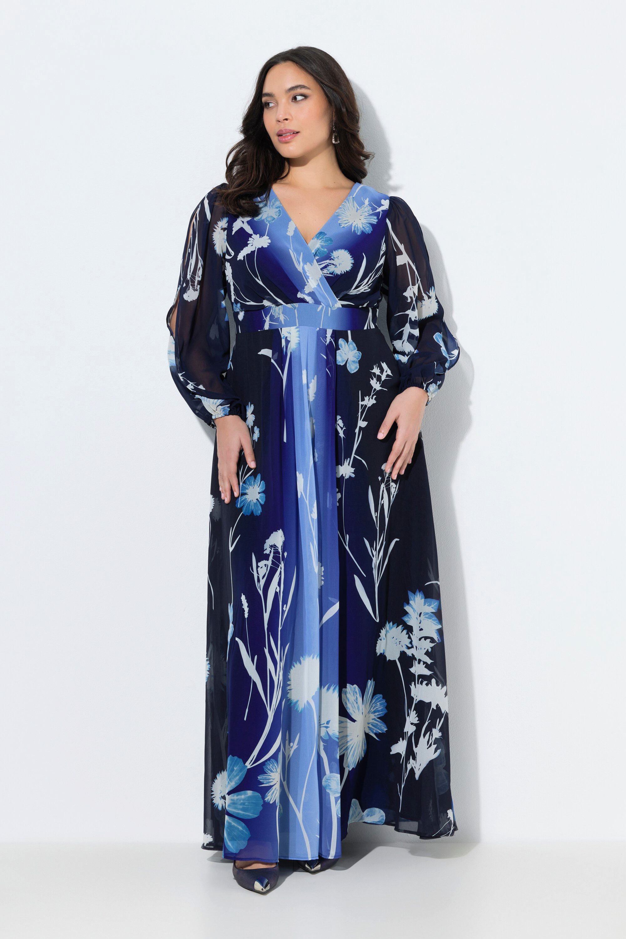 Ulla Popken Cocktailkleid Abendkleid Blüten A-Linie V-Ausschnitt Langarm