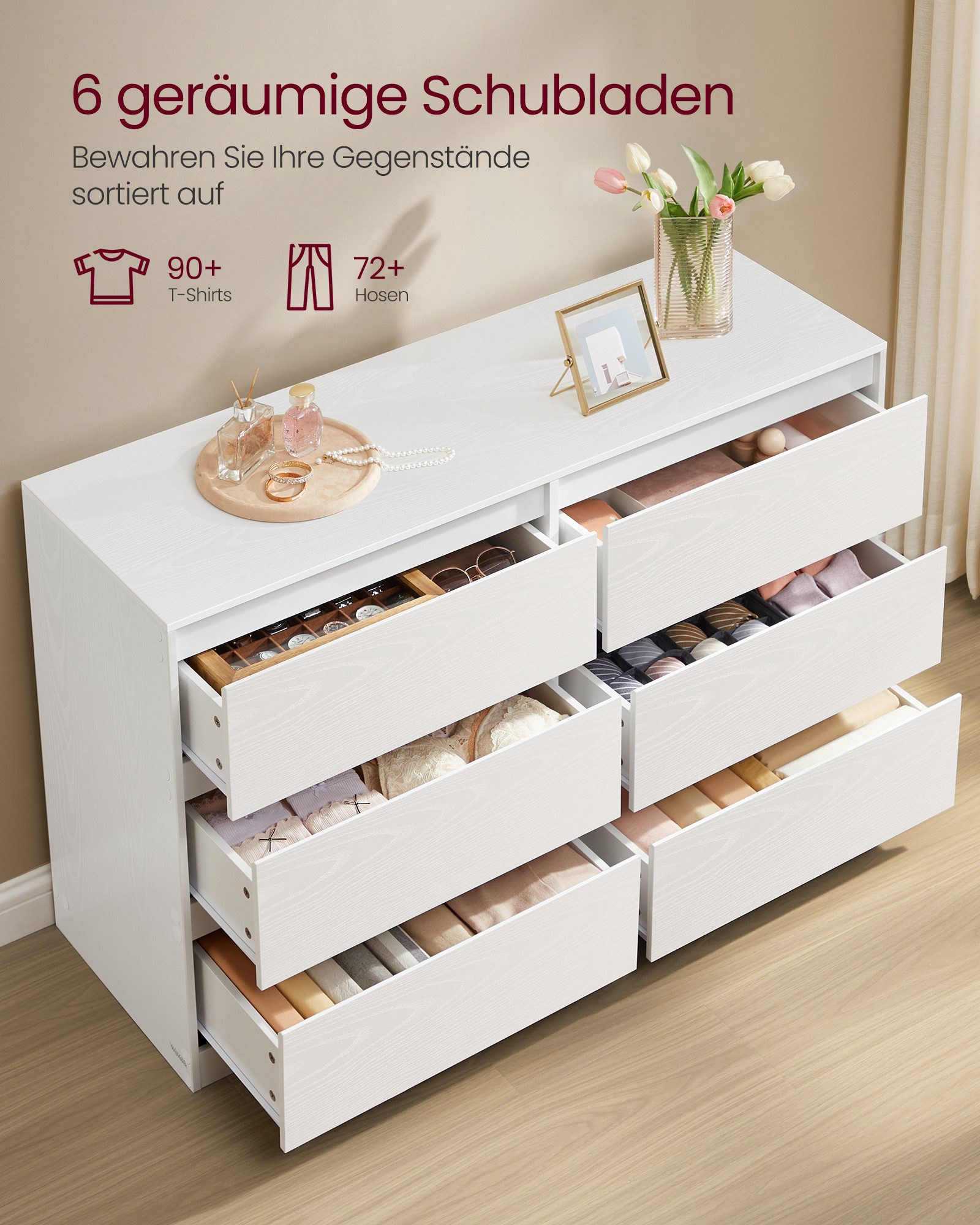 VASAGLE Kommode, mit 6 / 8 Schubladen, Aufbewahrungsschrank, Wäschekommode modern