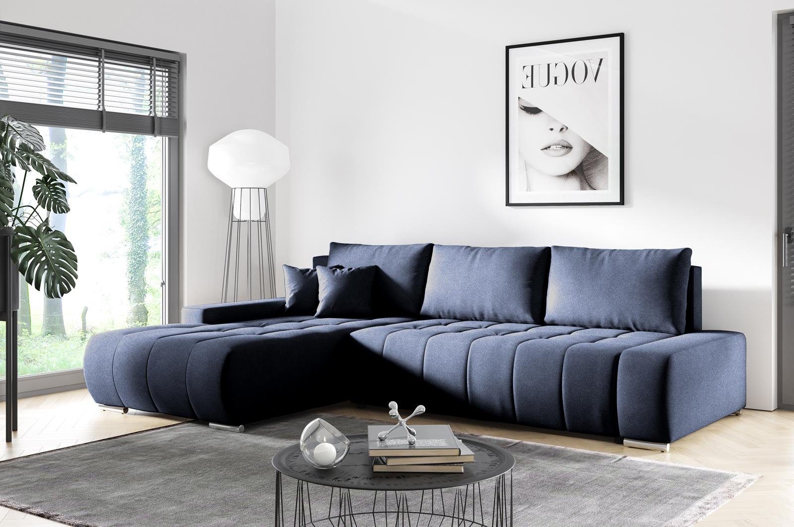 Dunkelblau mit aus KLARA mit Ecksofa Compleo Schlaffunktion, L-Form Velourstoff Steppung, Ecksofa