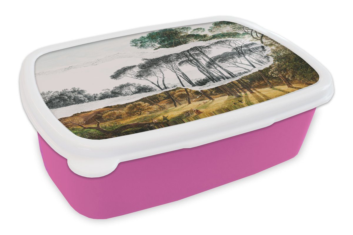 MuchoWow Lunchbox Italienische Landschaft Schirmkiefern - Kunst - Hendrik Voogd -, Kunststoff, (2-tlg), Brotbox für Erwachsene, Brotdose Kinder, Snackbox, Mädchen, Kunststoff rosa