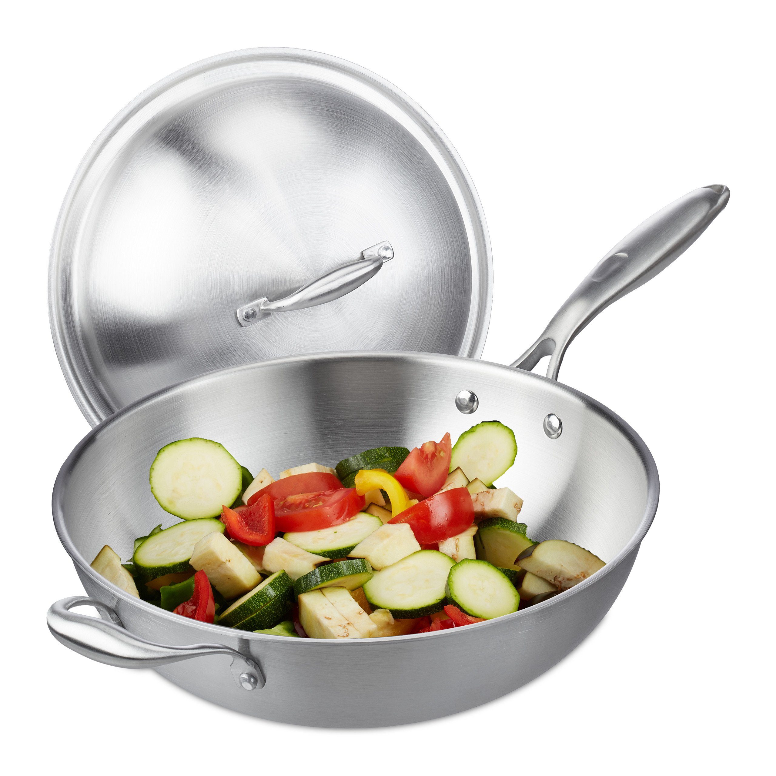 relaxdays Wok Edelstahl Wok mit Deckel, Edelstahl (2-tlg)