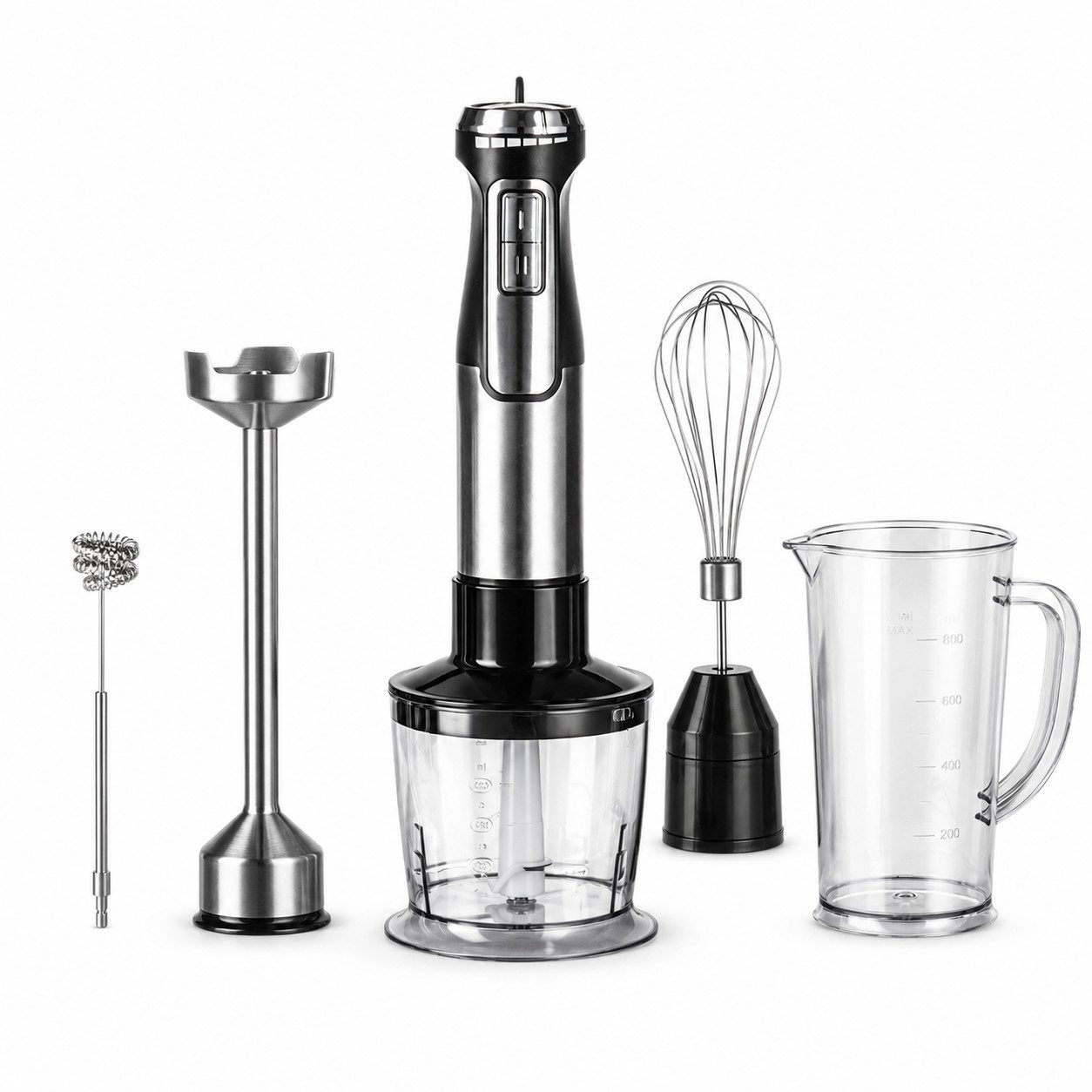 Lisabonde Stabmixer Set 5-in-1, Edelstahl Pürierstab mit Zerkleinerer, 1600 W, stufenlose Regulierung, Anti-Spritz-Schutz