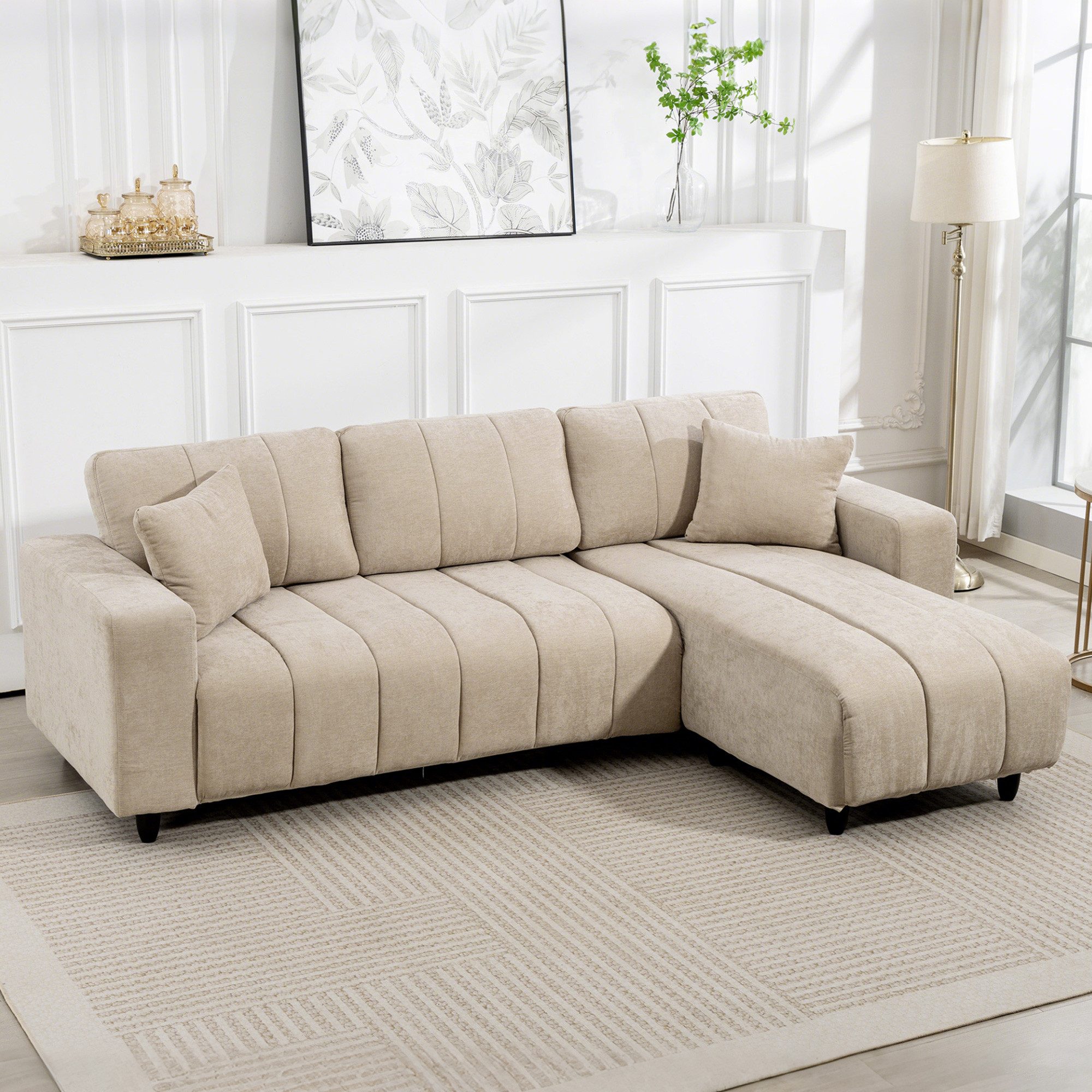 HOMCOM Ecksofa Sofa in L-Form, gepolstert, Umkehrbare Chaiselongue, 242x156x87cm, Couchgarnitur 1 Teile, für Wohnzimmer, Beige