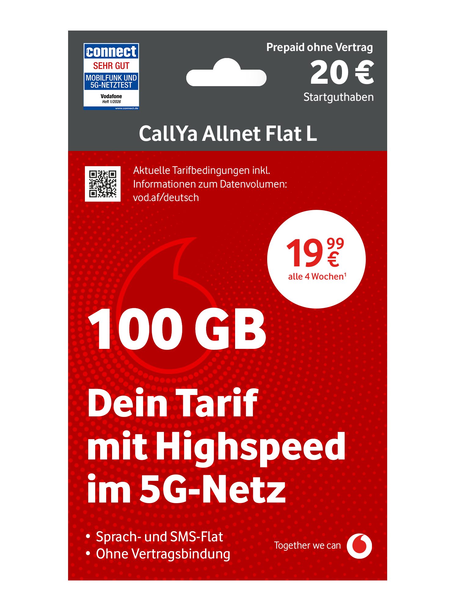 Vodafone CallYa Allnet L Prepaidkarte, (Jetzt 100 GB, 20 € Startguthaben, ohne Vertrag, 5G, Allnet-Flat)