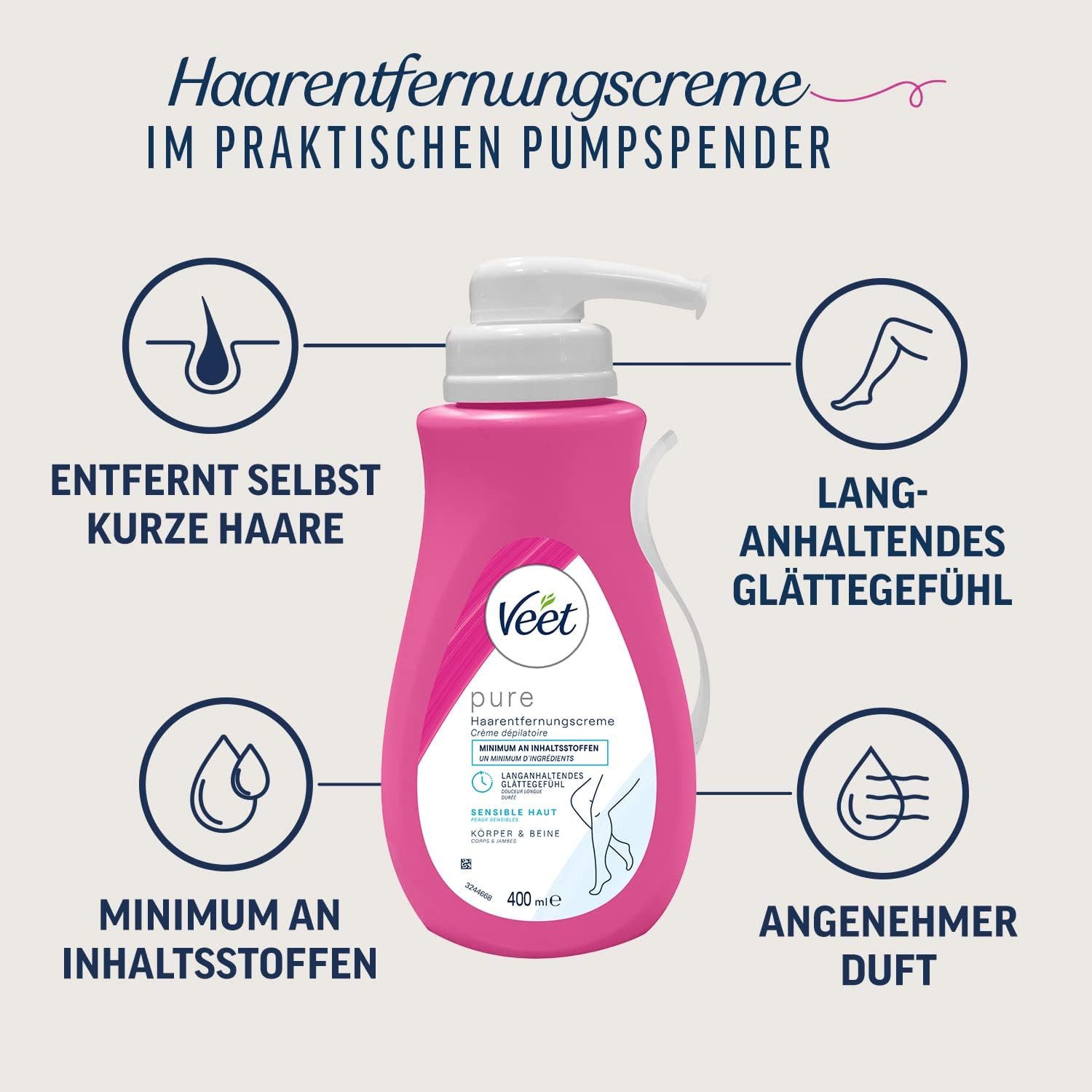 Veet Enthaarungscreme pure für Körper & Beine 400ml, 1 St., Haarentfernungscreme, für sensible Haut
