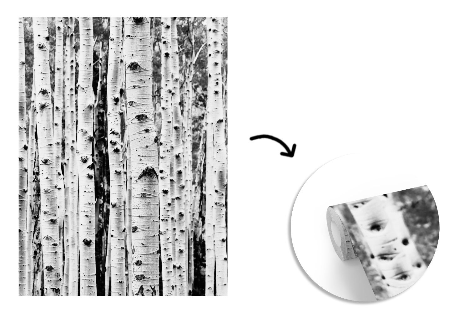 Vinyl und Montagefertig weiß St), - Matt, - Bäume bedruckt, MuchoWow Fototapete Holz Wandtapete Schwarz Natur, (4 Tapete Wohnzimmer, für -