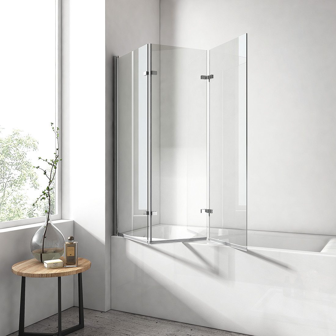 EMKE Badewannenaufsatz Badewannenfaltwand 3-teilig und 180° faltbar Duschwand für Badewanne, Einscheibensicherheitsglas, (Set), mit NANO einfach-Reinigung Beschichtung Faltwand 6mm Sicherheitsglas