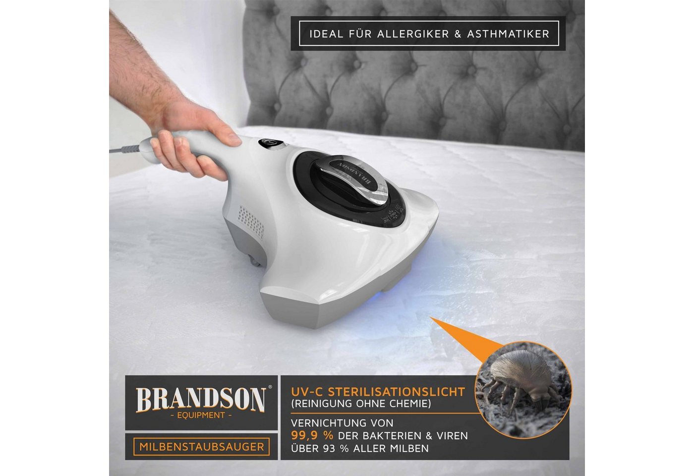 Brandson Matratzenreinigungsgerät Milbenstaubsauger, UV Sterilisation, Milbensauger, Sterilisationslicht, 300 W, beutellos, Matratzensauger für Allergiker, desinfiziert Betten, Polstermöbel uvm.