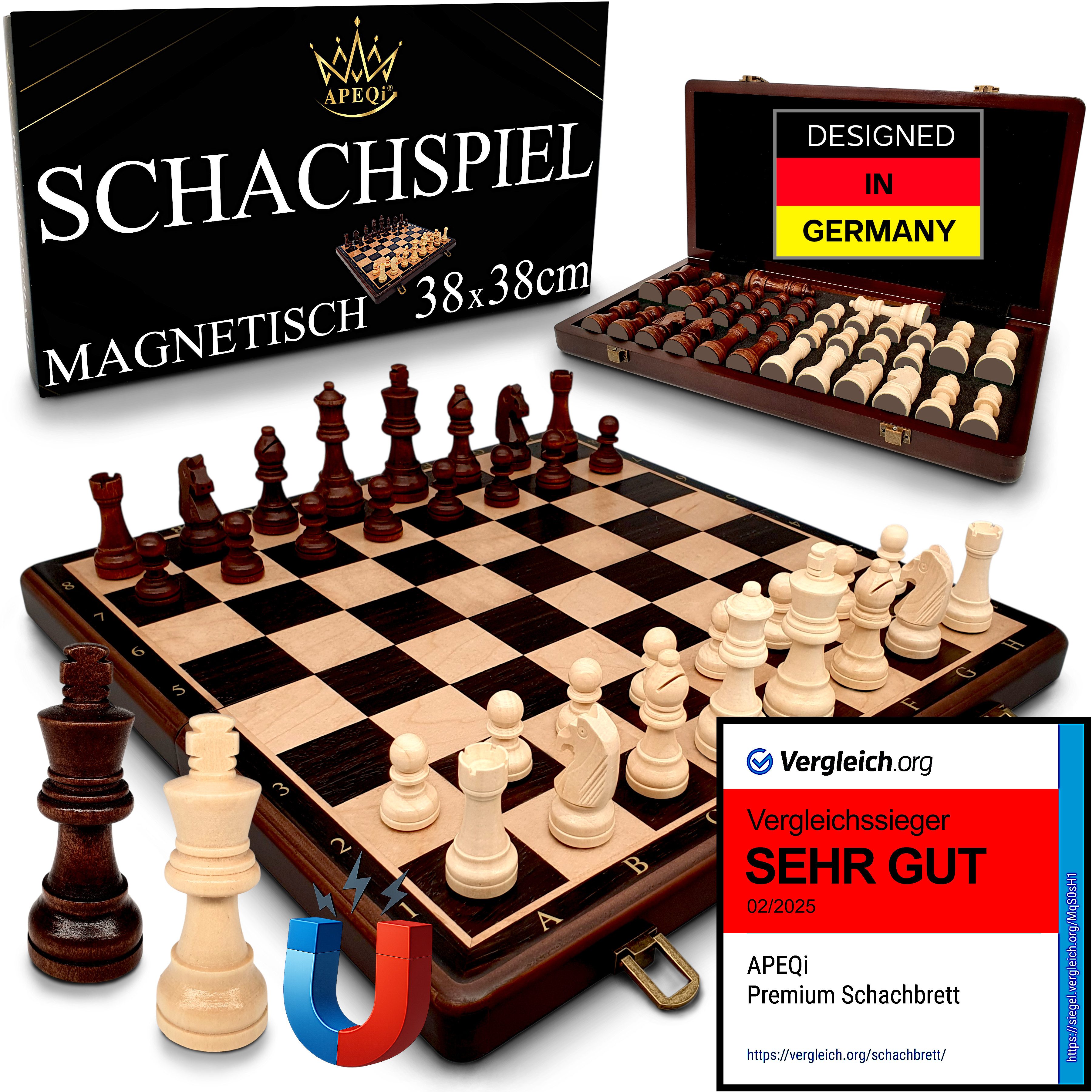 APEQi Spiel PREMIUM Schach - Schachspiel Holz hochwertig - Schachbrett mit Figuren, Massivholz, 2 EXTRA-Damen, Geschenkidee, klappbar, 34 Schachfiguren