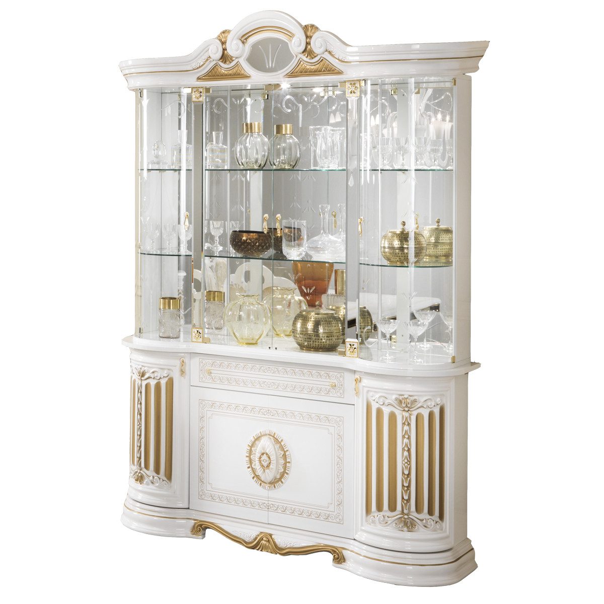 Interdesign24 Glasvitrine Bella (im Barock-Stil, mit Goldverzierungen, 8-Türig) in Weiß/Gold Hochglanz