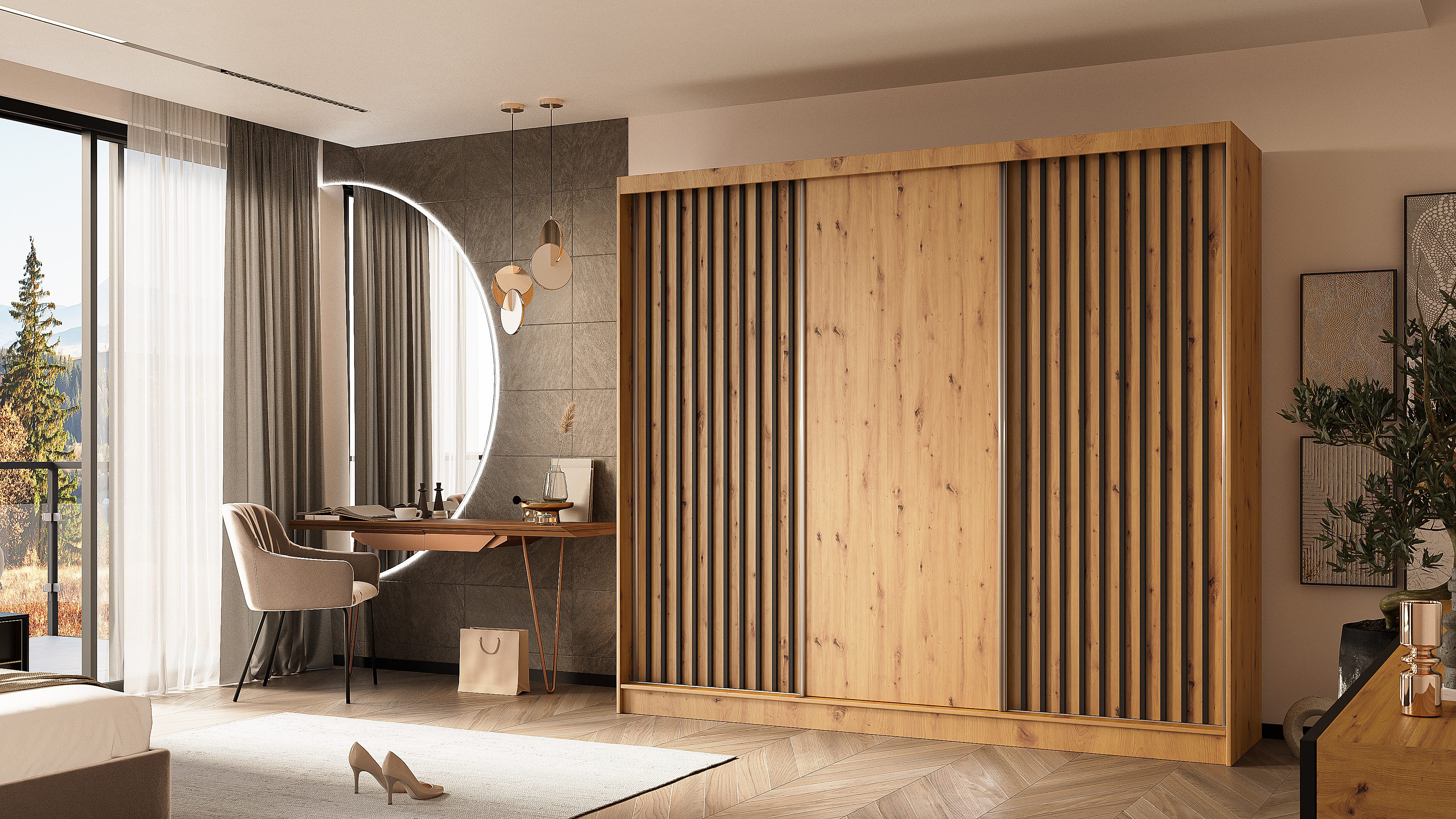 ALTDECOR Schiebetürenschrank LABELLO (Kleiderschrank Garderobenschrank mit viel Stauraum Moderner Schrank) Vielseitiger Schwebetürenschrank Lamellen LED Beleuchtung