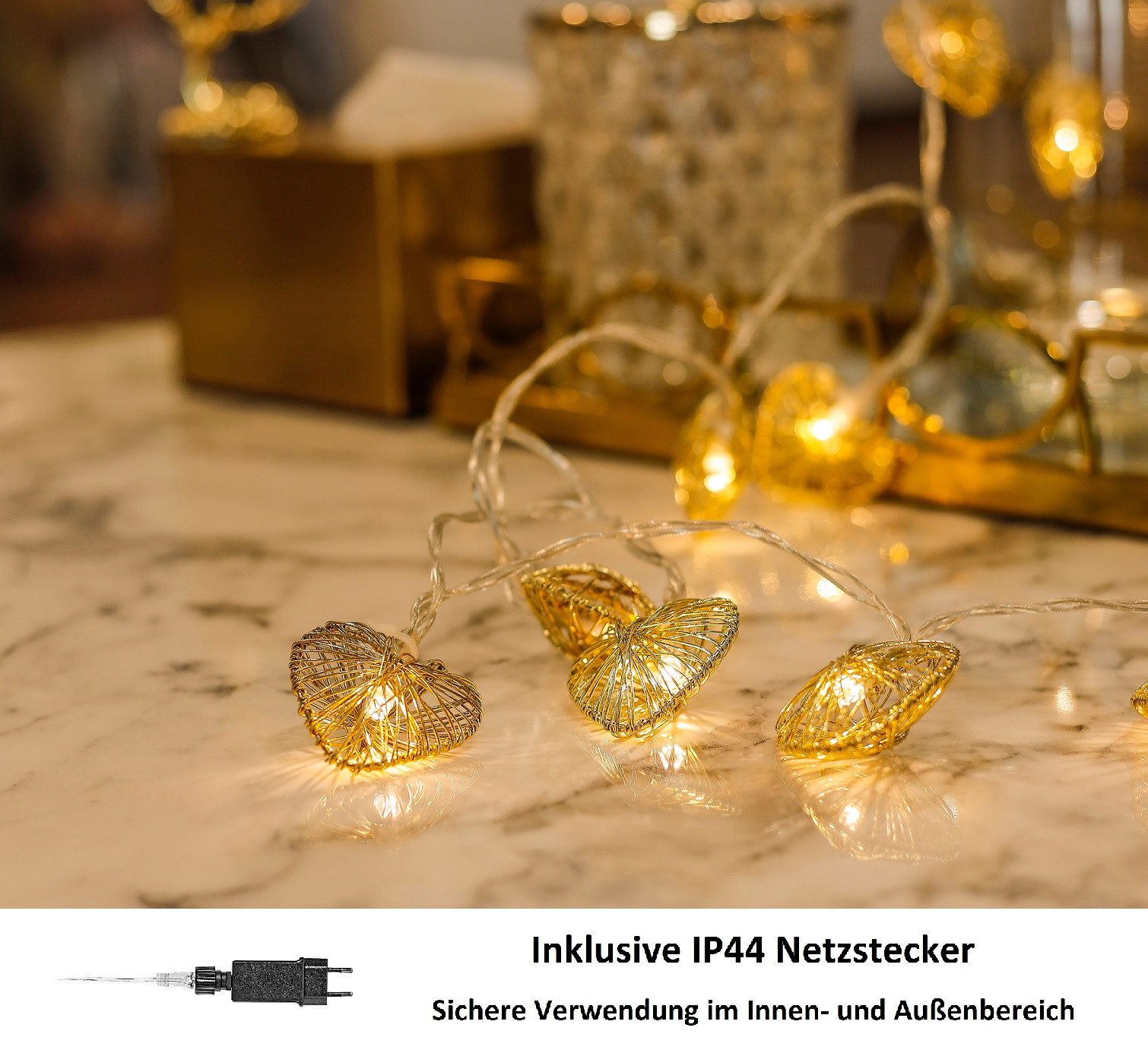 COZY HOME LED-Lichterkette Herz Lichterkette Batterie und Stecker -, 20 LEDs I 5 Meter I Timer-Funktion I Warmweiß I Lichterkette Innen
