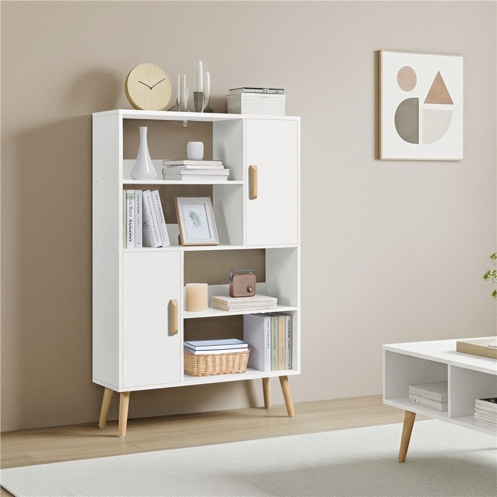 Yaheetech Bücherregal 4-Stufiges Standregal mit 2 Schrankfächern mit Türen, Modernes Offenes Standregal mit Holzfüßen
