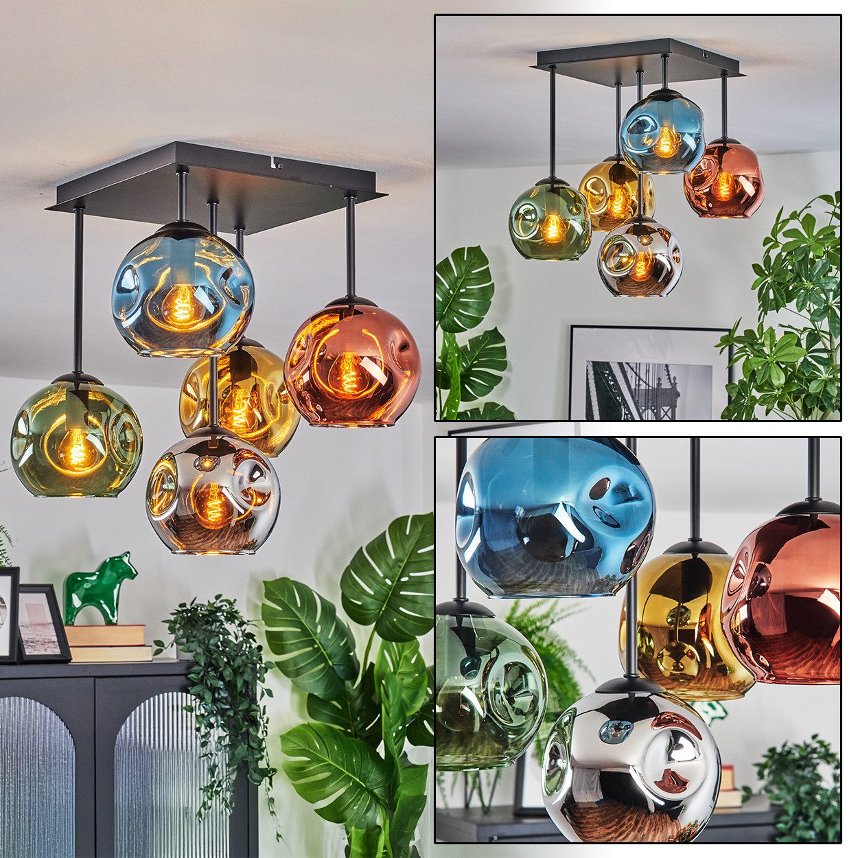 hofstein Deckenleuchte Deckenlampe aus Metall/Glas, Schwarz/Kupfer/Grün/Blau/Gold/Chrom/Rauch, ohne Leuchtmittel, moderne Deckenleuchte im Retro/Vintage-Design (Schirme 15 cm), 5xE14