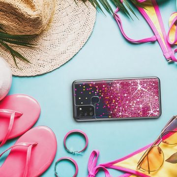 EAZY CASE Handyhülle Liquid Glittery Case für Samsung Galaxy A21s 6,5 Zoll, Glitzerhülle Shiny Slimcover stoßfest Durchsichtig Bumper Case Pink