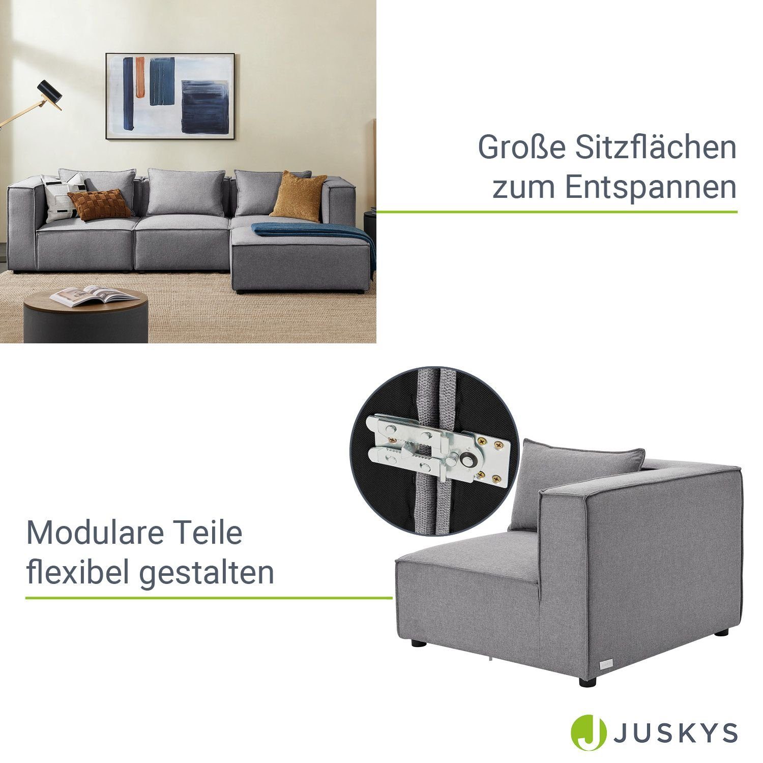 Juskys Ecksofa Domas, Sitzer Couch Teile, für Wohnzimmer, 3 mane mit & modulare 4 L, Kissen