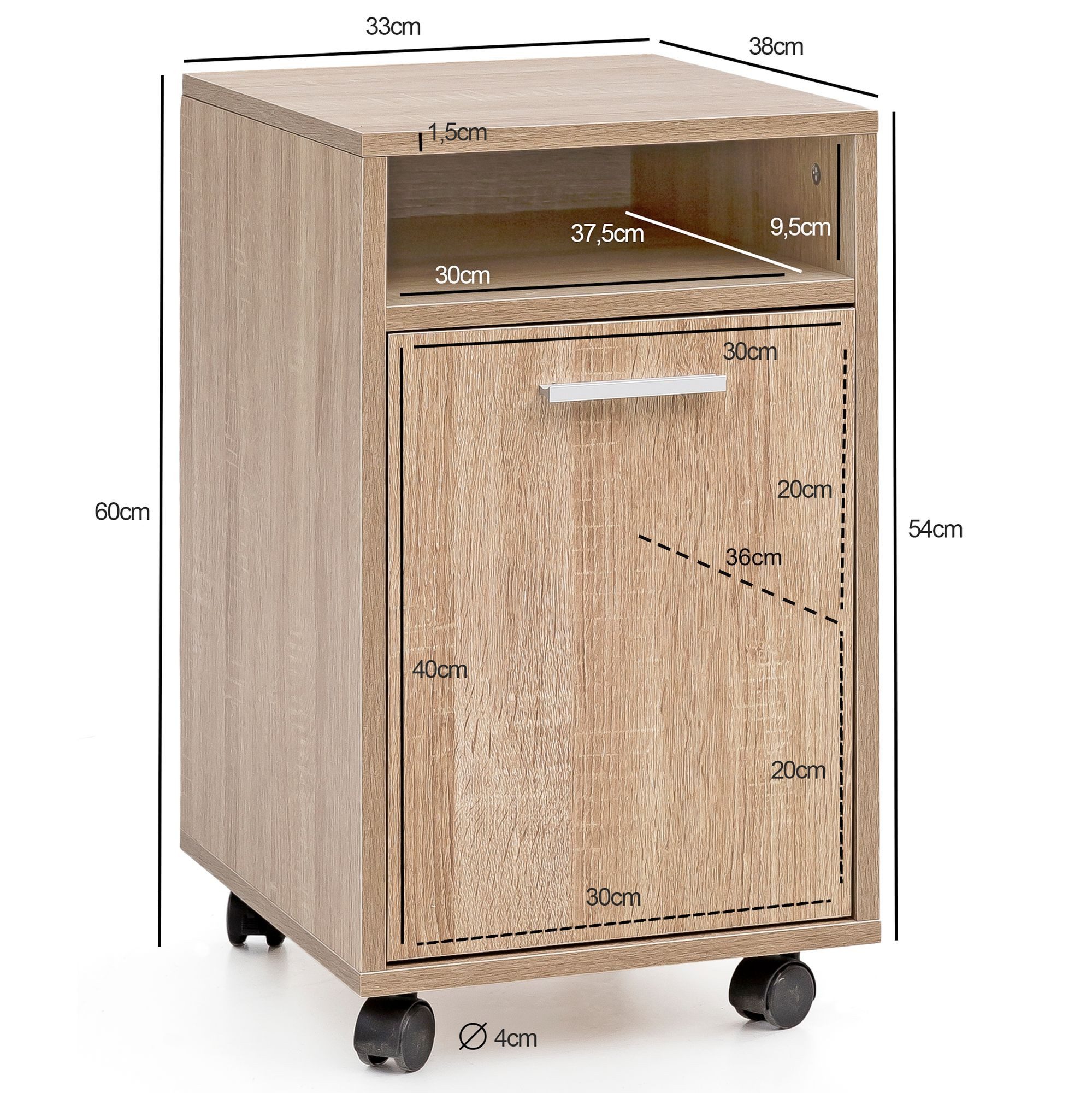 FINEBUY Rollcontainer SV51848 Schreibtischcontainer 33x60x38 Bürocontainer SuVa16398_1, (Bürocontainer Sonoma 33x60x38, Beistellcontainer), Moderner Schreibtischcontainer mit Rollen und Tür