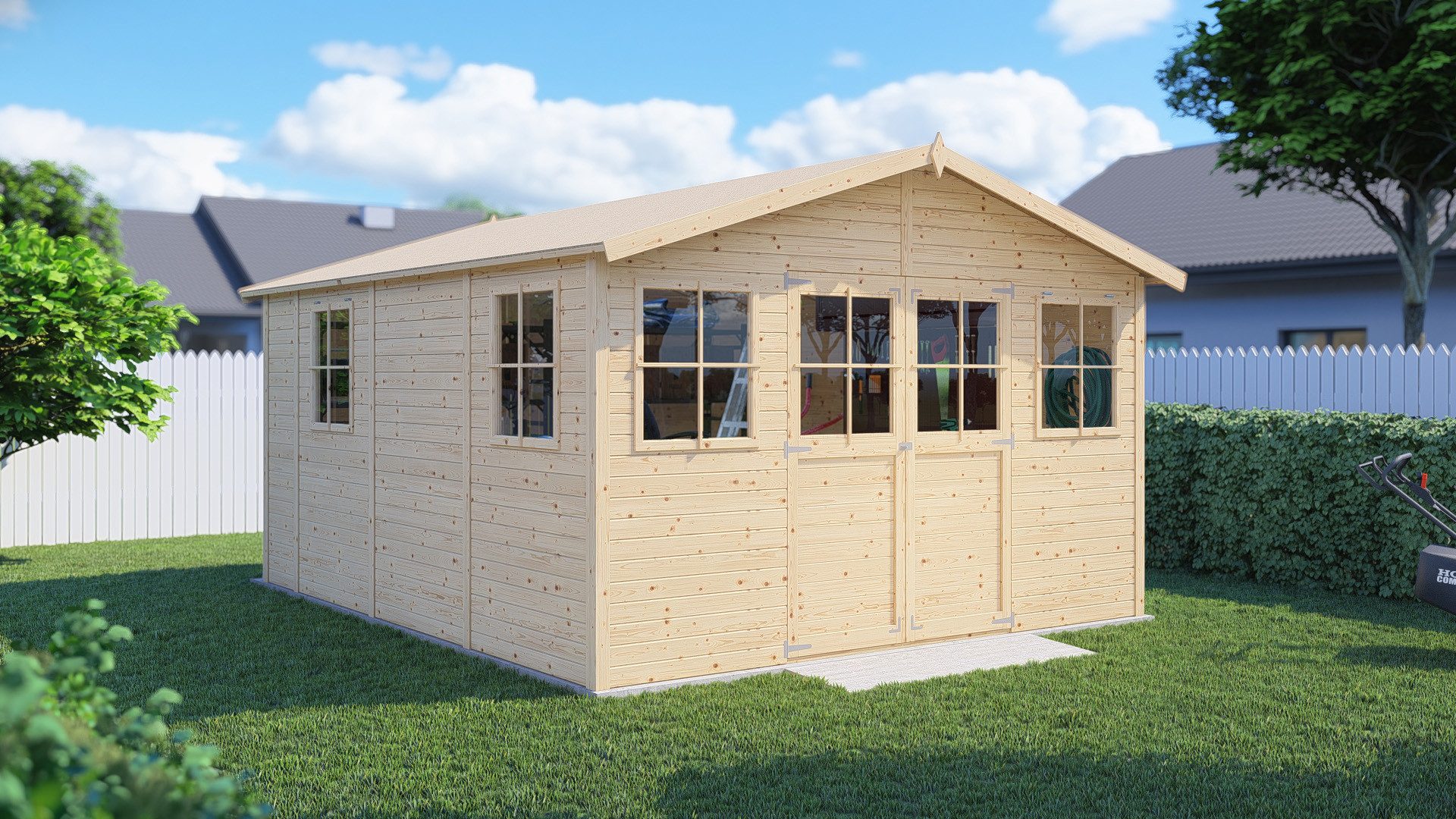 BERTILO Gartenhaus Workshop Carpenter naturbelassen, BxT: 364x459 cm, Großes Gartenhaus aus exakt vorgefertigten Elementen
