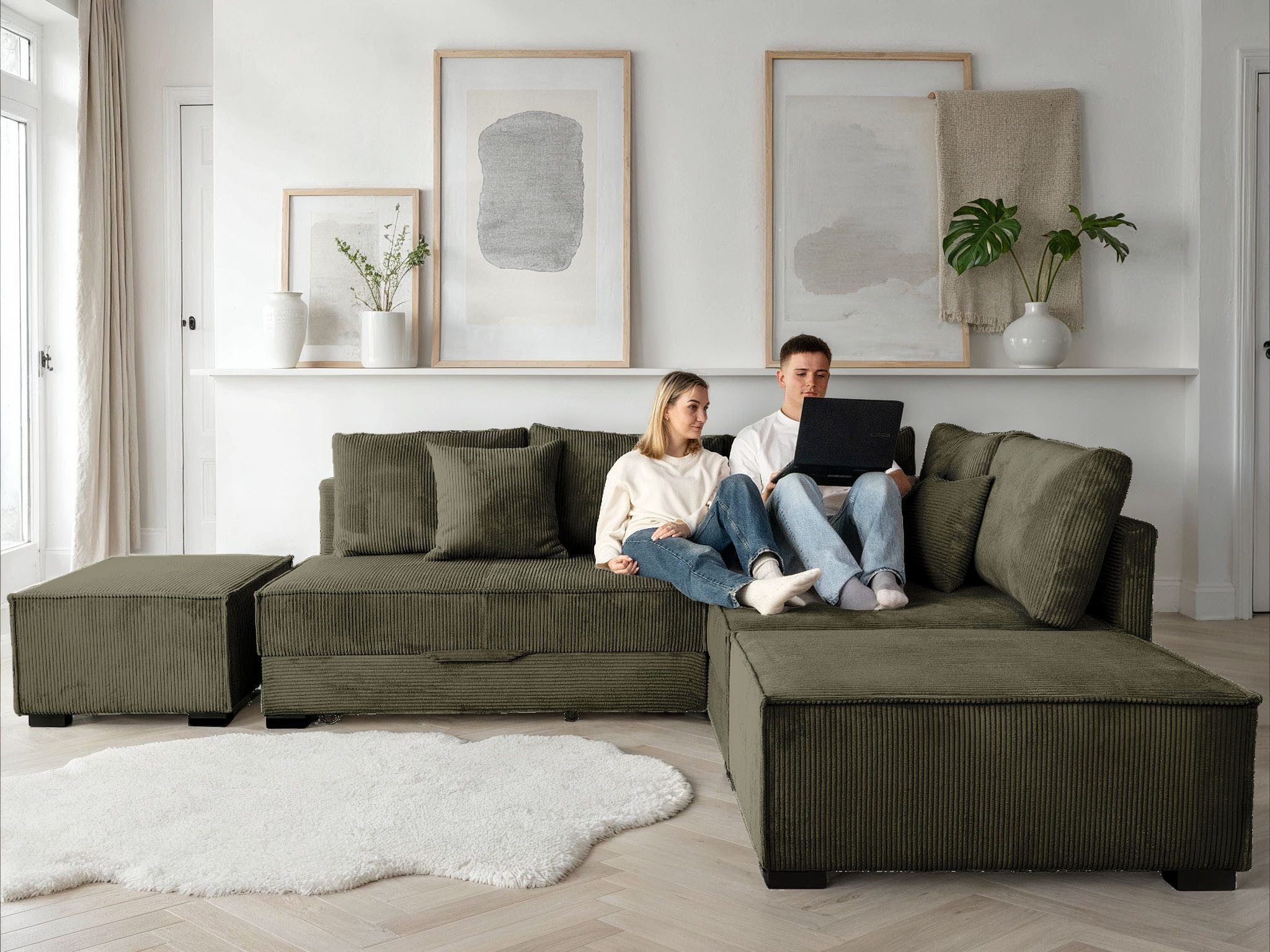 Home affaire Ecksofa Night & Day L-Form, B: 316 cm mit Dauer-Schlaffunktion 180x200 cm, Set: Sofa & Hocker, Schlaffunktion, Bettkasten & Kissen, Boxspringbett