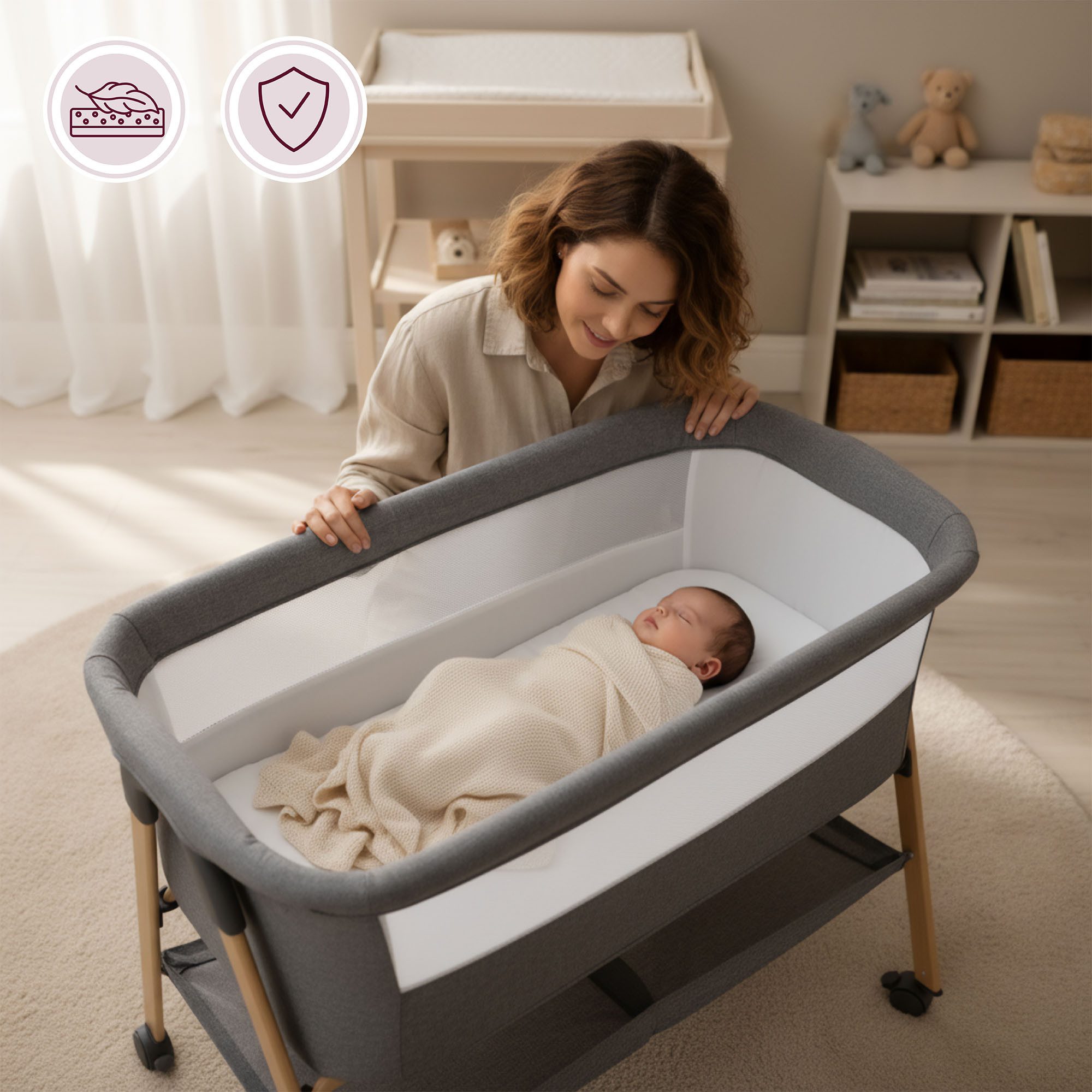 Moby-System Baby-Reisebett Babybett mit Matratze & Rollen – klappbar, grau Moby-System