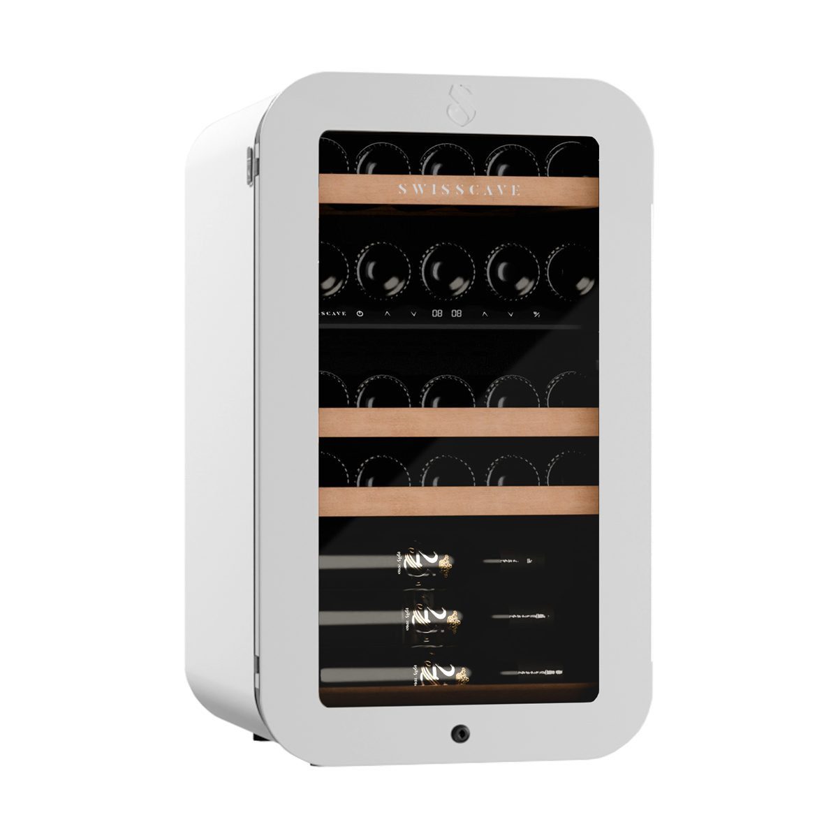 Swisscave Weinkühlschrank WLB-120DF-WHITE. 2-Zonen Weinkühlschrank, 83cm (H), 26 Flaschen, für 26 Standardflaschen á 0,75l,Umschaltbare Rundumausleuchtung (Weiß, Blau, Amber)