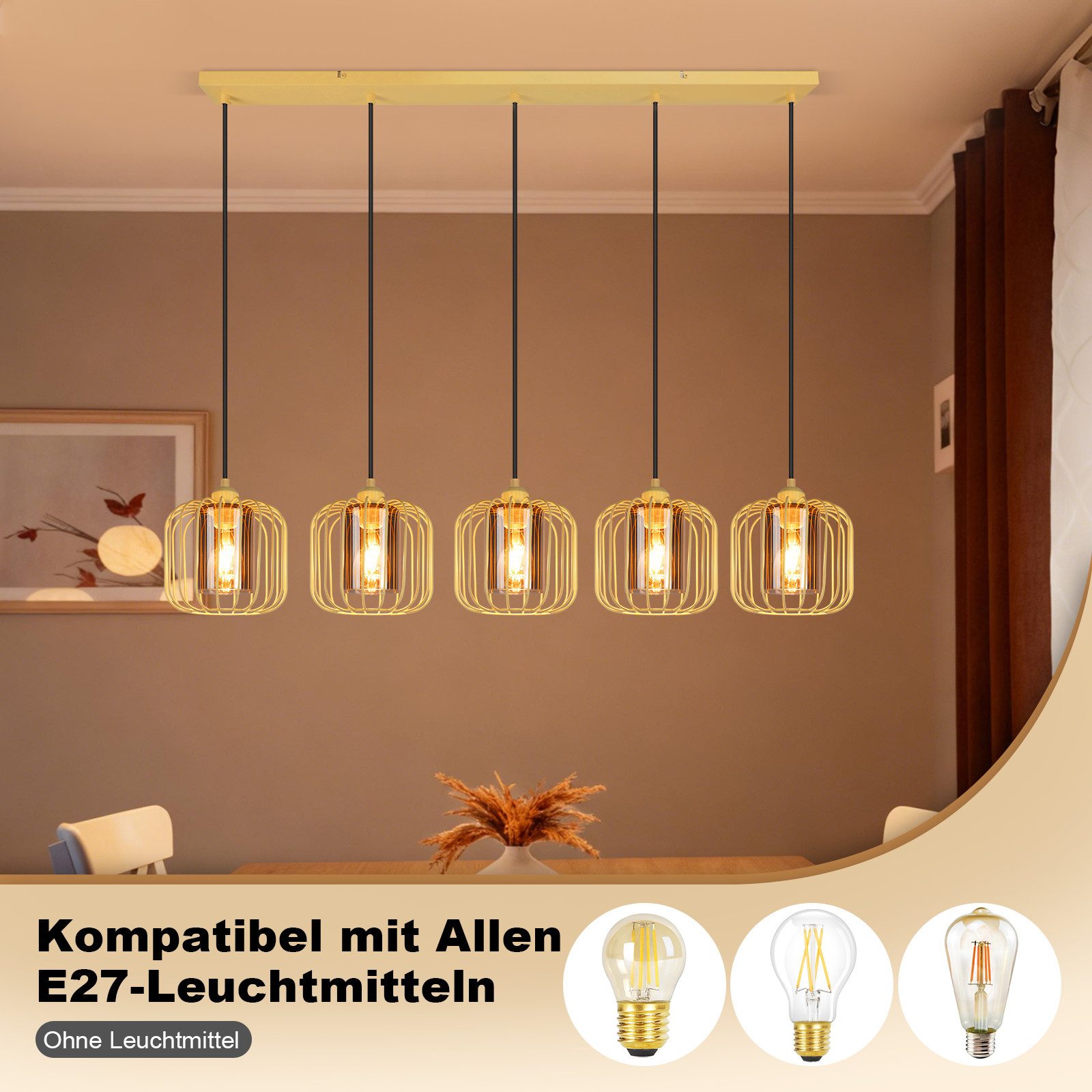 ZMH Pendelleuchte Esstisch Hängeleuchte Vintage - Hängelampe 5 Flammig Glas, ohne Leuchtmittel
