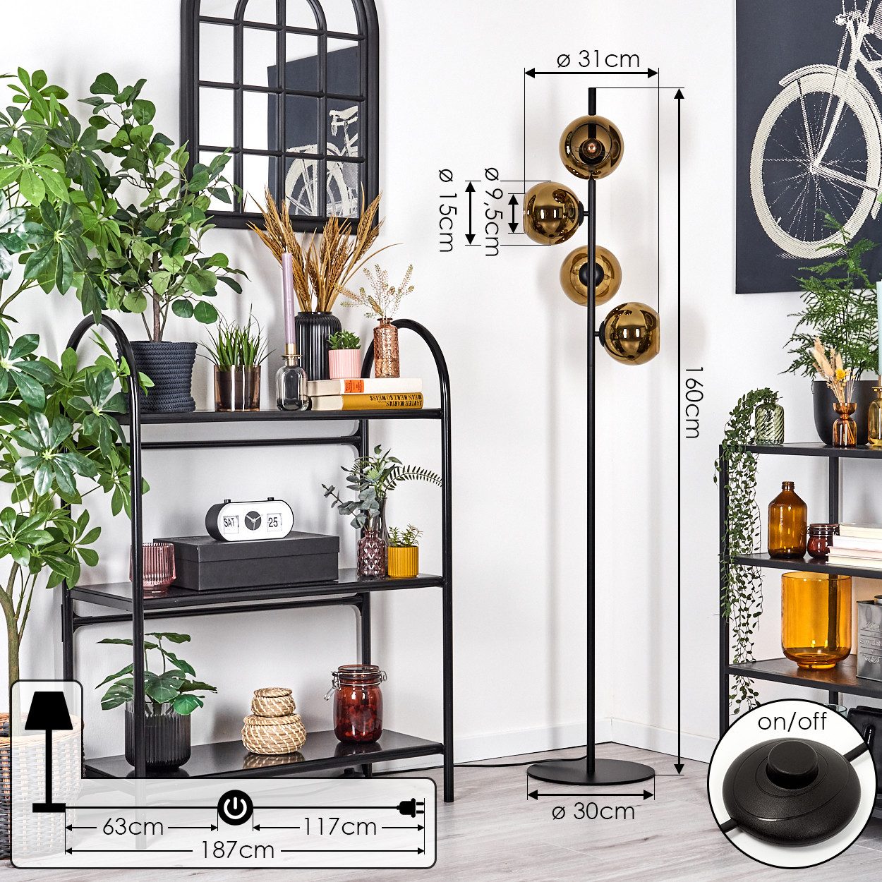 hofstein Stehlampe Stehlampe aus Metall/Glas in Schwarz/Goldfarben mit Fußschalter, ohne Leuchtmittel, Stehleuchte im Retro/Vintage-Design mit Glasschirmen (15 cm), E14