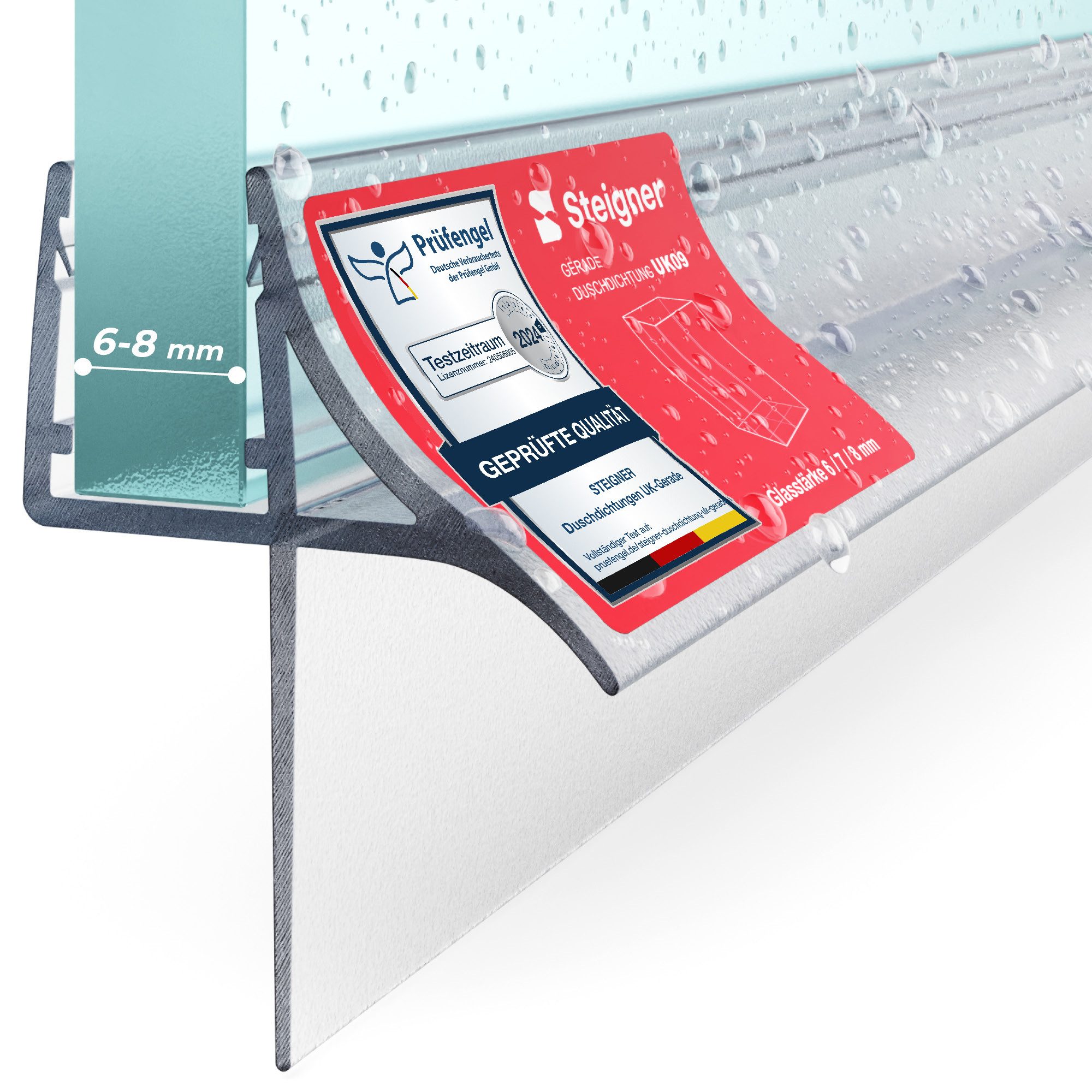 STEIGNER Duschdichtung Duschtürdichtung gerade 30cm UK09 (1 Stk) Transparent 6-8 mm, L: 30 cm, (1 Stück Packung, Einzeldichtung), Dichtung für Eckdusche, Nischendusche oder Fünfeckdusche mit Duschtür