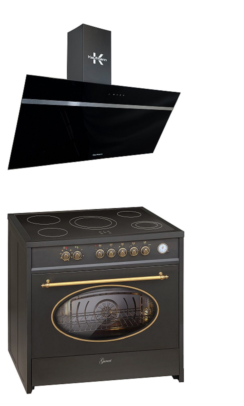 GURARI Elektro-Standherd Retro Glaskeramik Herd 90 cm in Schwarz Range Cooker, XXL Backofen 121 L mit Kaufmann Dunstabzugshaube 1000 m³/h, 90 cm GCH E 912 BL r+VIKTORIA 90 BL, mit 1-fach-Teleskopauszug