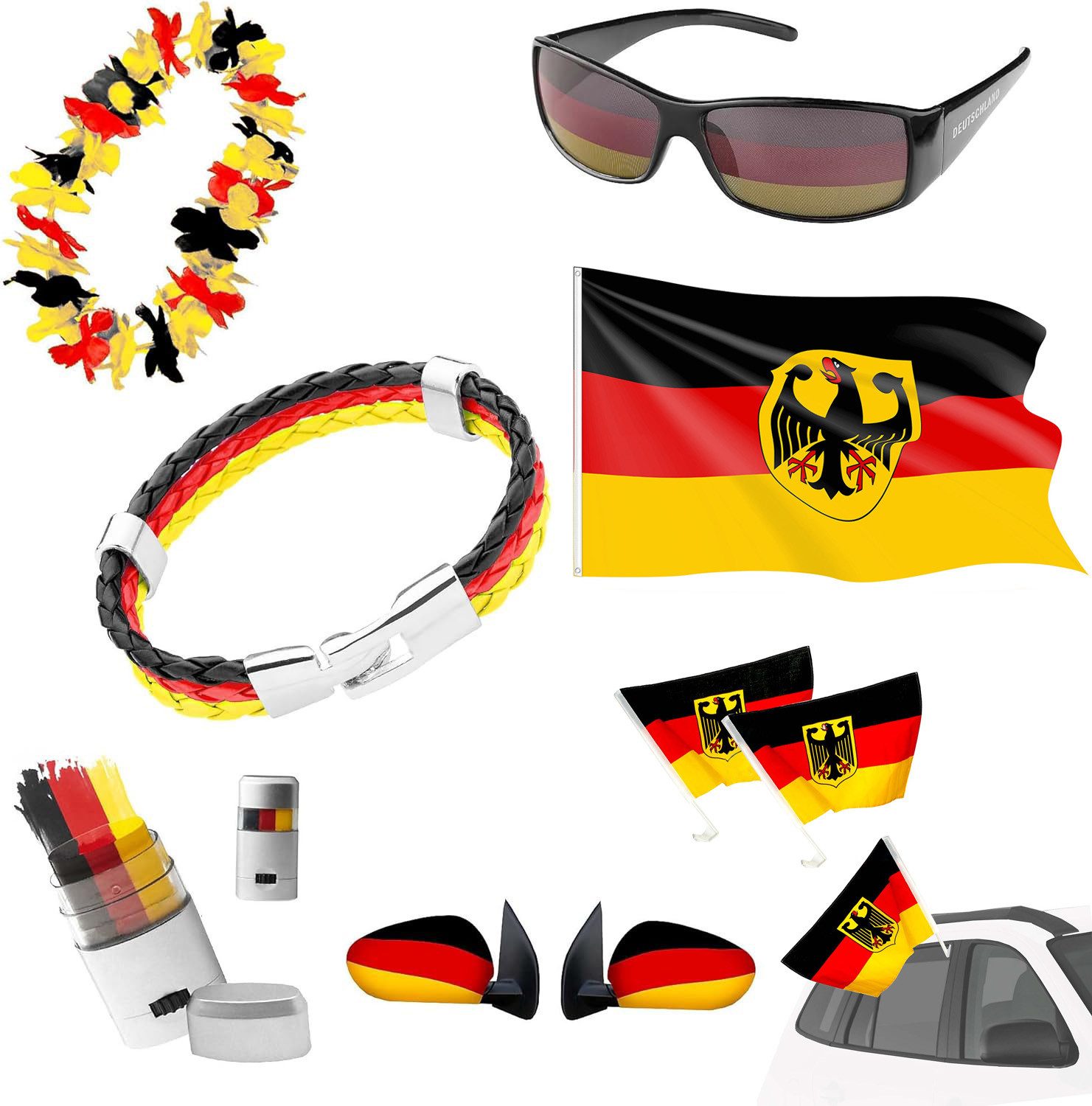 Taffstyle Flagge  Fanartikel Set Deutschland Brille Schminke Armband Autoflaggen (Fußball Fan Set Deutschland mit Fahne Fanbrille Autofahnen und Schminke), Fussball Weltmeisterschaft 2026
