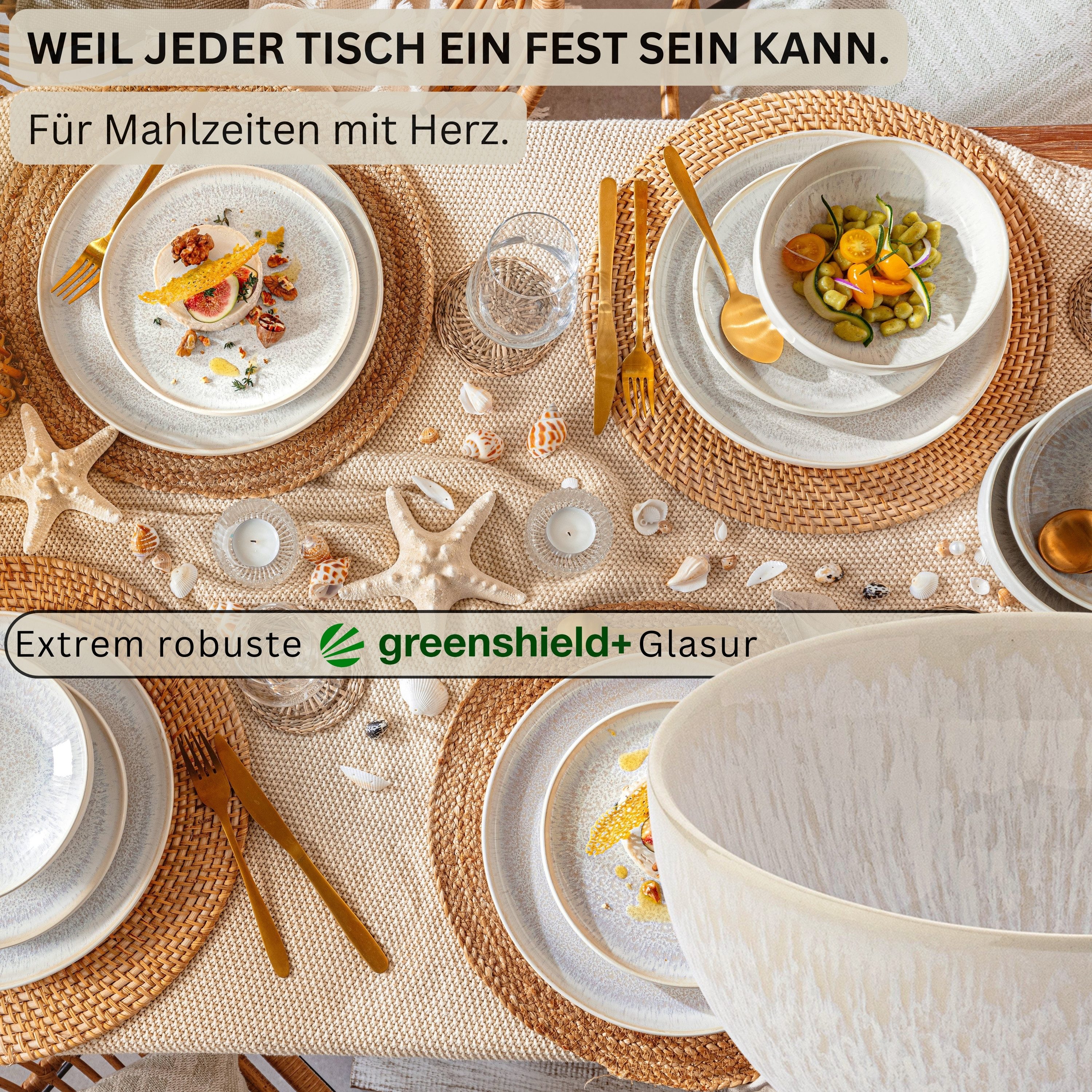 SÄNGER Tafelservice Korfu Geschirrset (12, 16, 24, 36 Teile) (4-tlg), 4 Personen, Steingut, Müslischalen, Creme Beige, Handmade, Premium Collection